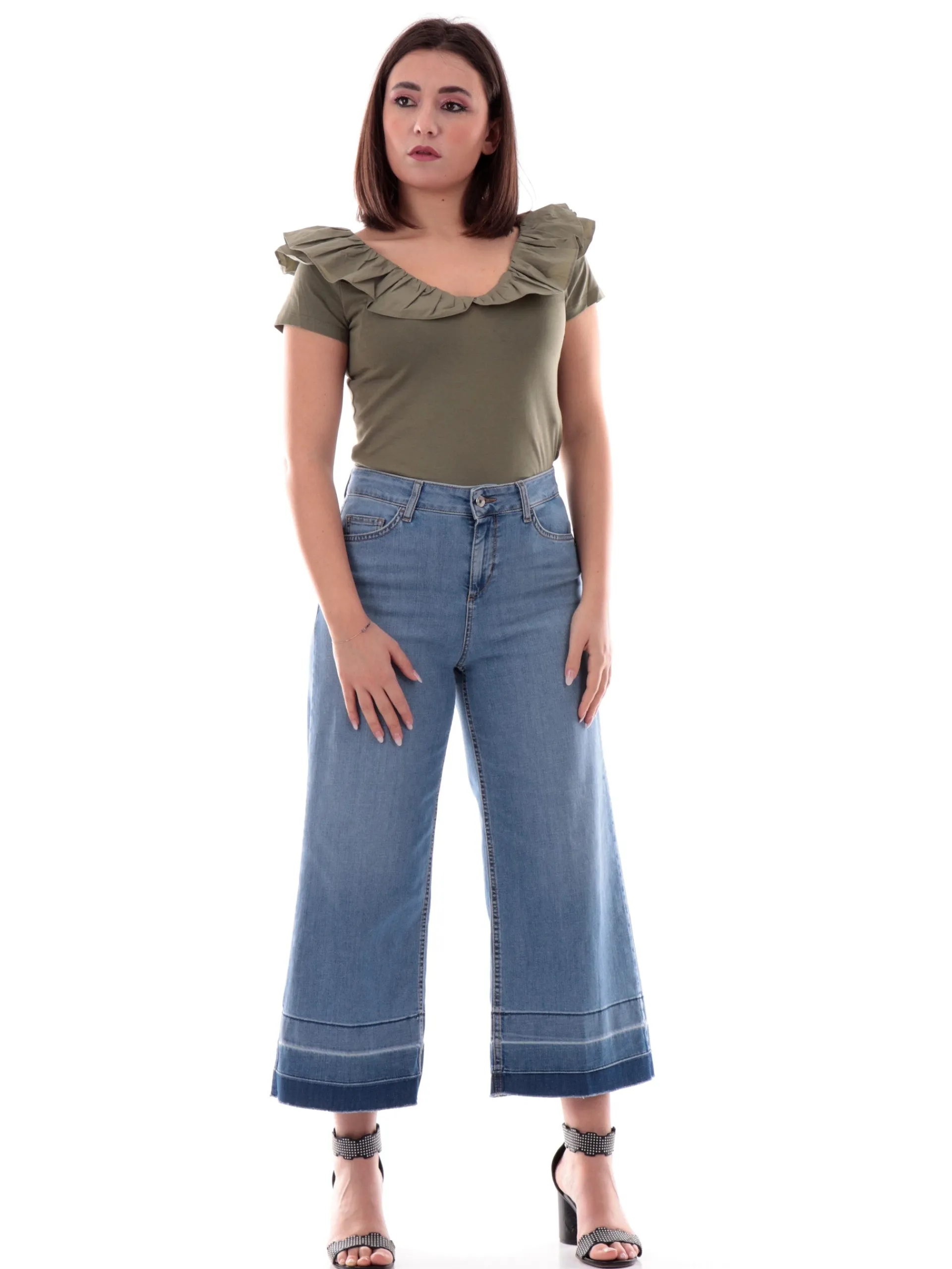 LIU JO MILANO T-Shirt*Maglia Liu Jo verde militare da donna con rouches fantasia verde e scollo a V WA5364J6308
