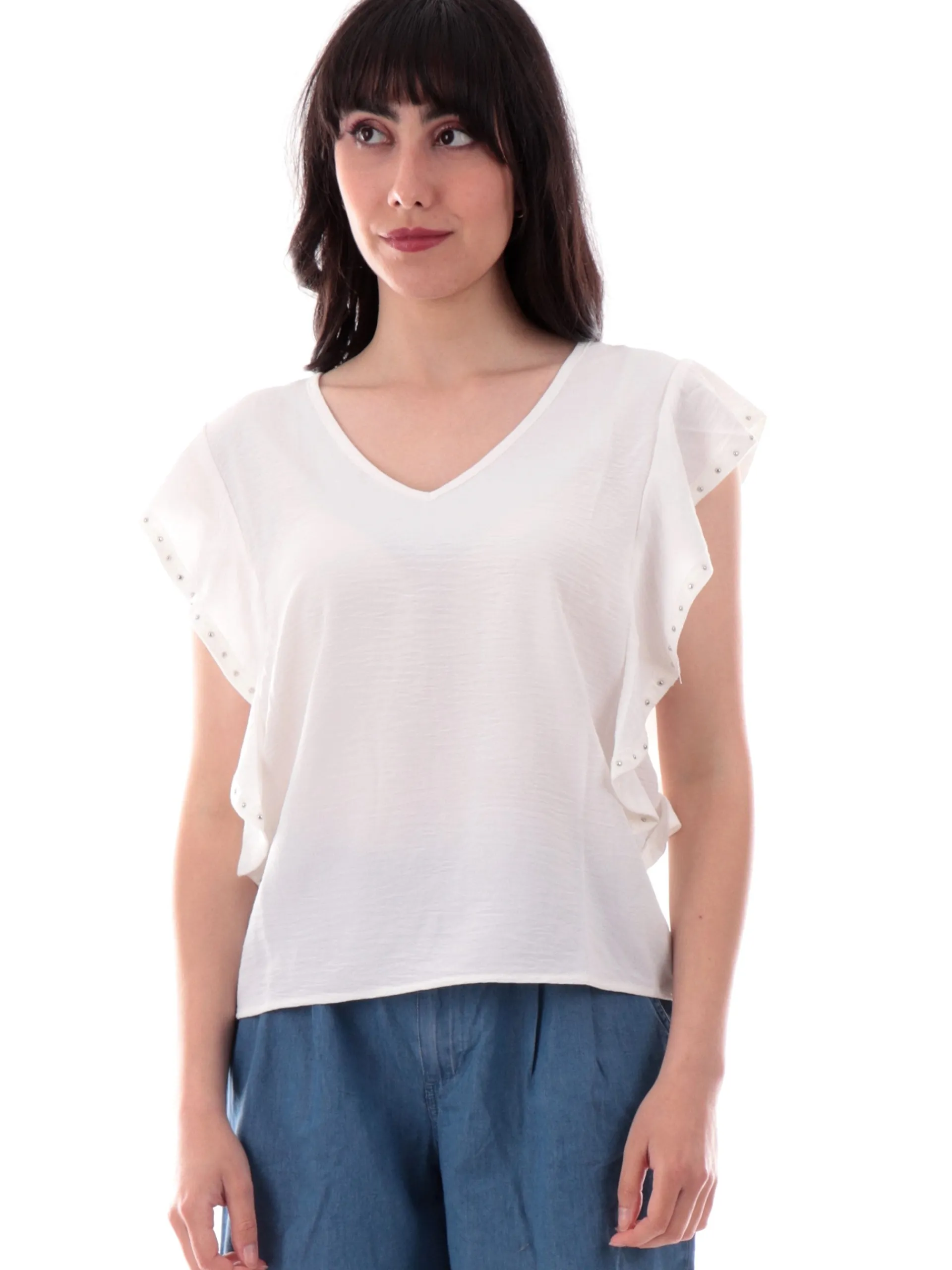MOLLYBRACKEN Maglie*Maglia Molly Bracken Bianca da donna con scollo a V e maniche a farfalla LAL541DP