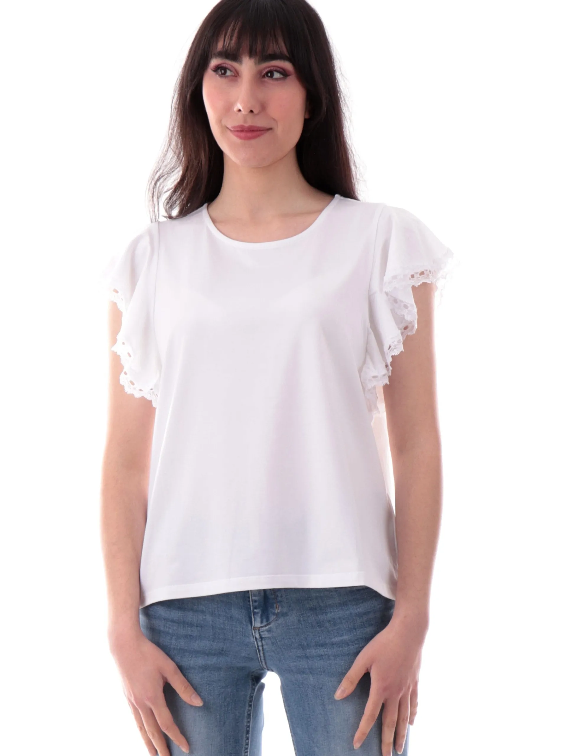 MOLLYBRACKEN T-Shirt*Maglia Molly Bracken bianca da donna maniche con balze T2017DP