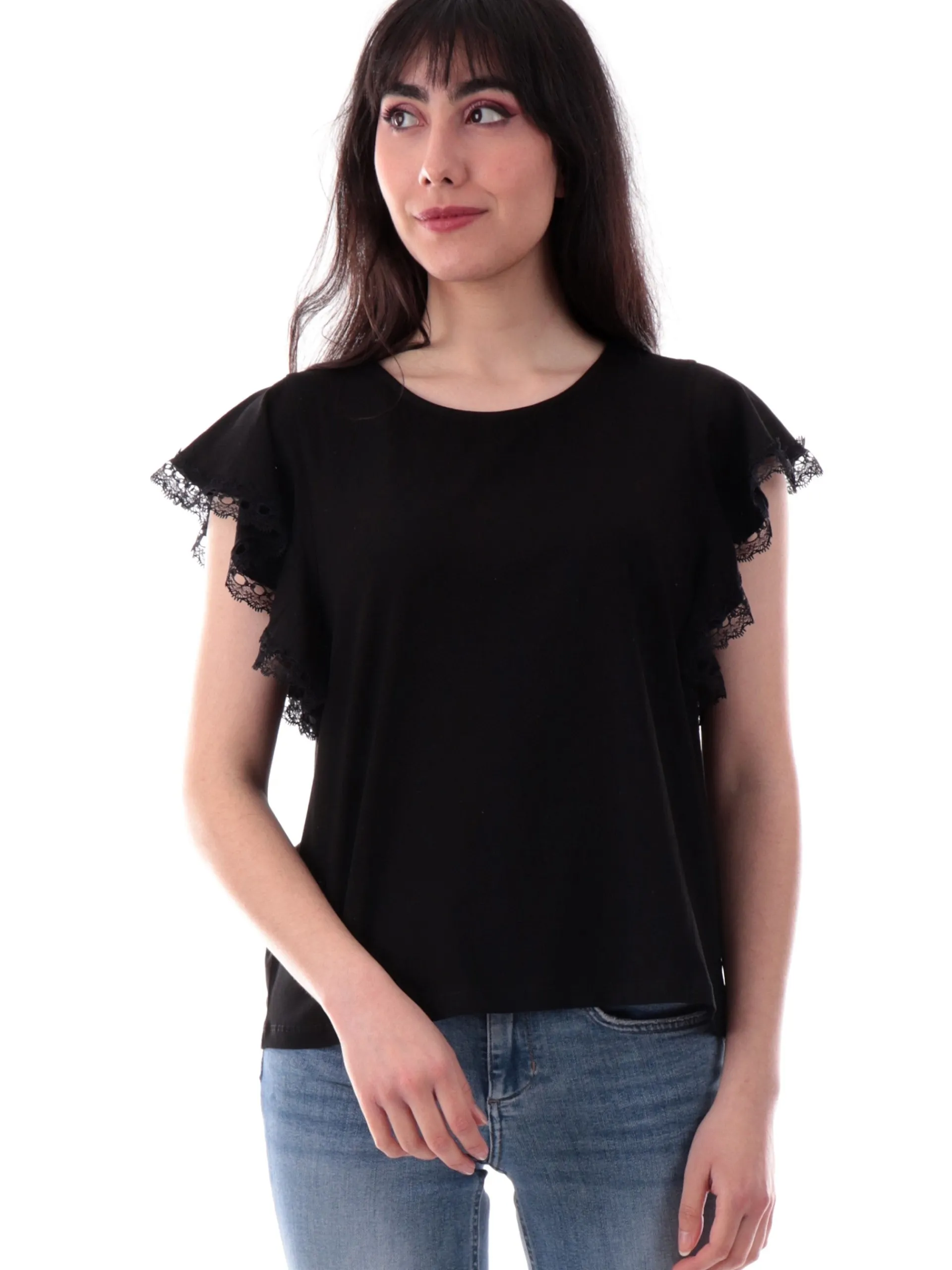 MOLLYBRACKEN T-Shirt*Maglia Molly Bracken nera da donna maniche con balze T2017DP