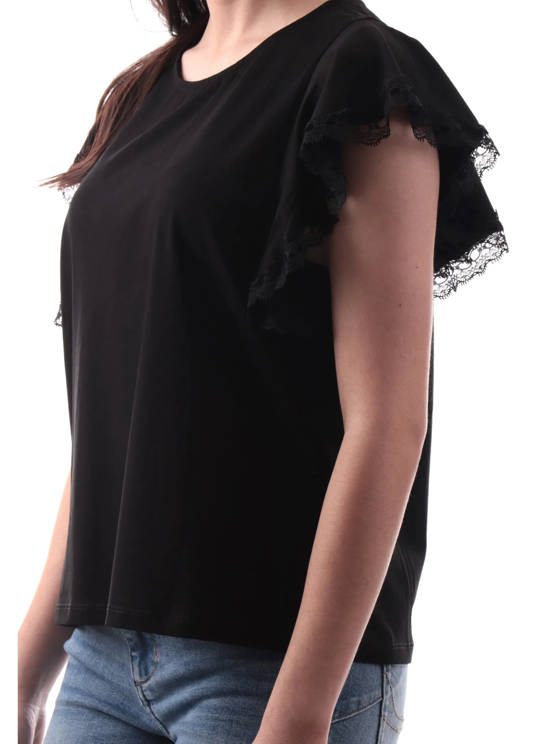 MOLLYBRACKEN T-Shirt*Maglia Molly Bracken nera da donna maniche con balze T2017DP