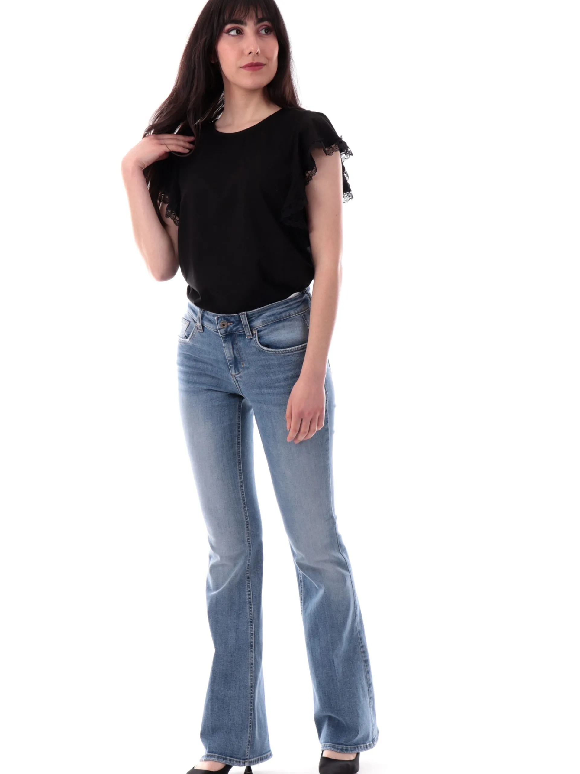 MOLLYBRACKEN T-Shirt*Maglia Molly Bracken nera da donna maniche con balze T2017DP