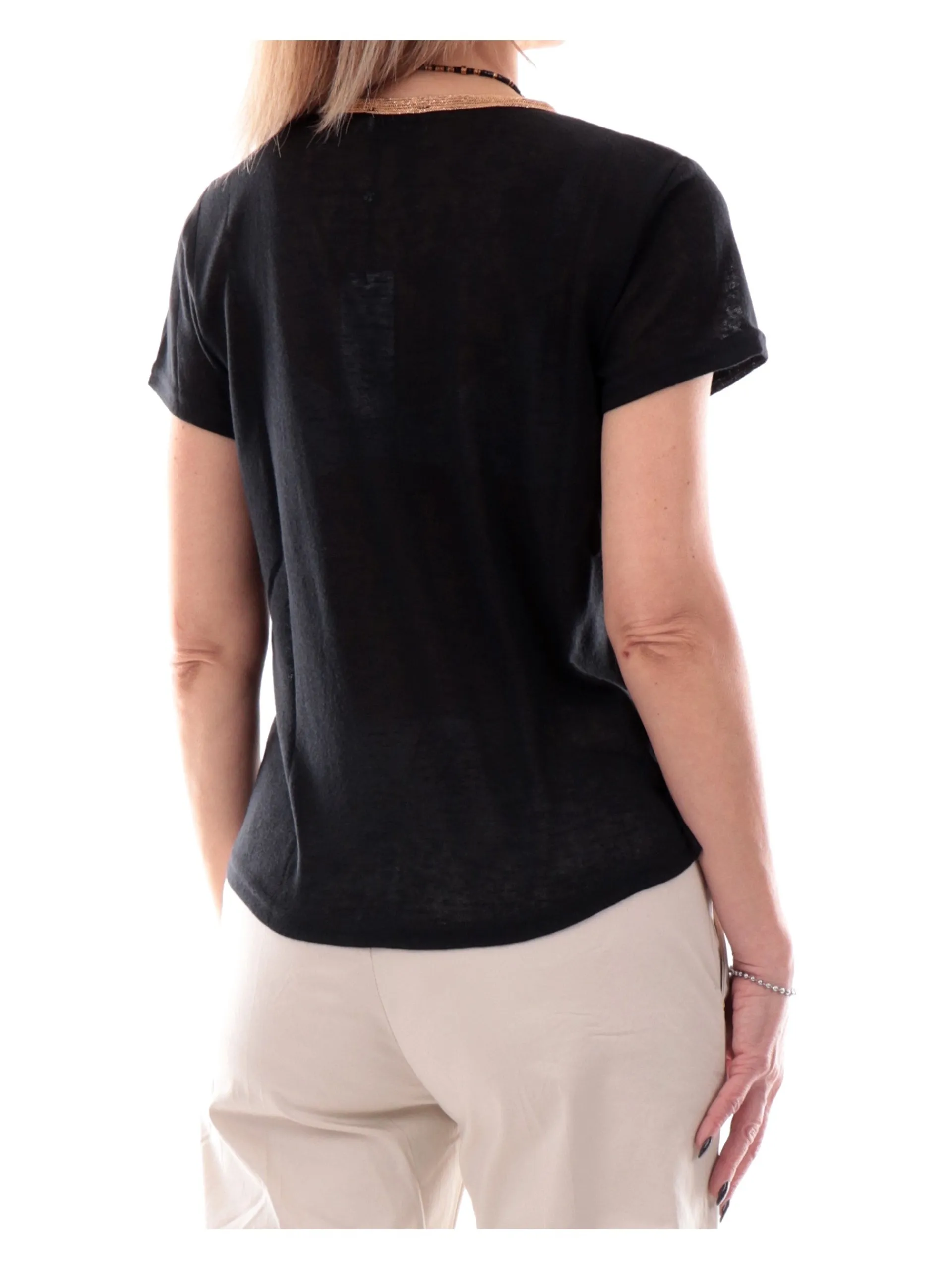 MOLLYBRACKEN T-Shirt*Maglia Molly Bracken nera da donna con scollo a V e profilo oro