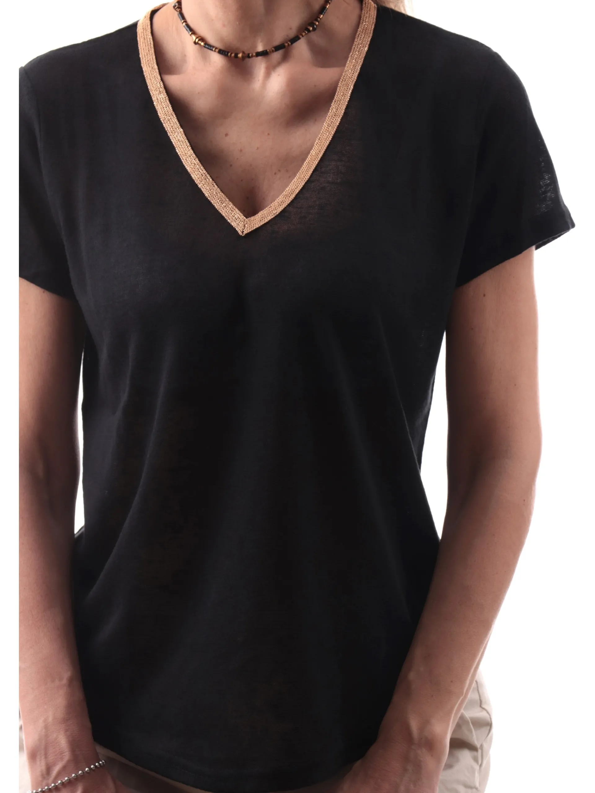 MOLLYBRACKEN T-Shirt*Maglia Molly Bracken nera da donna con scollo a V e profilo oro