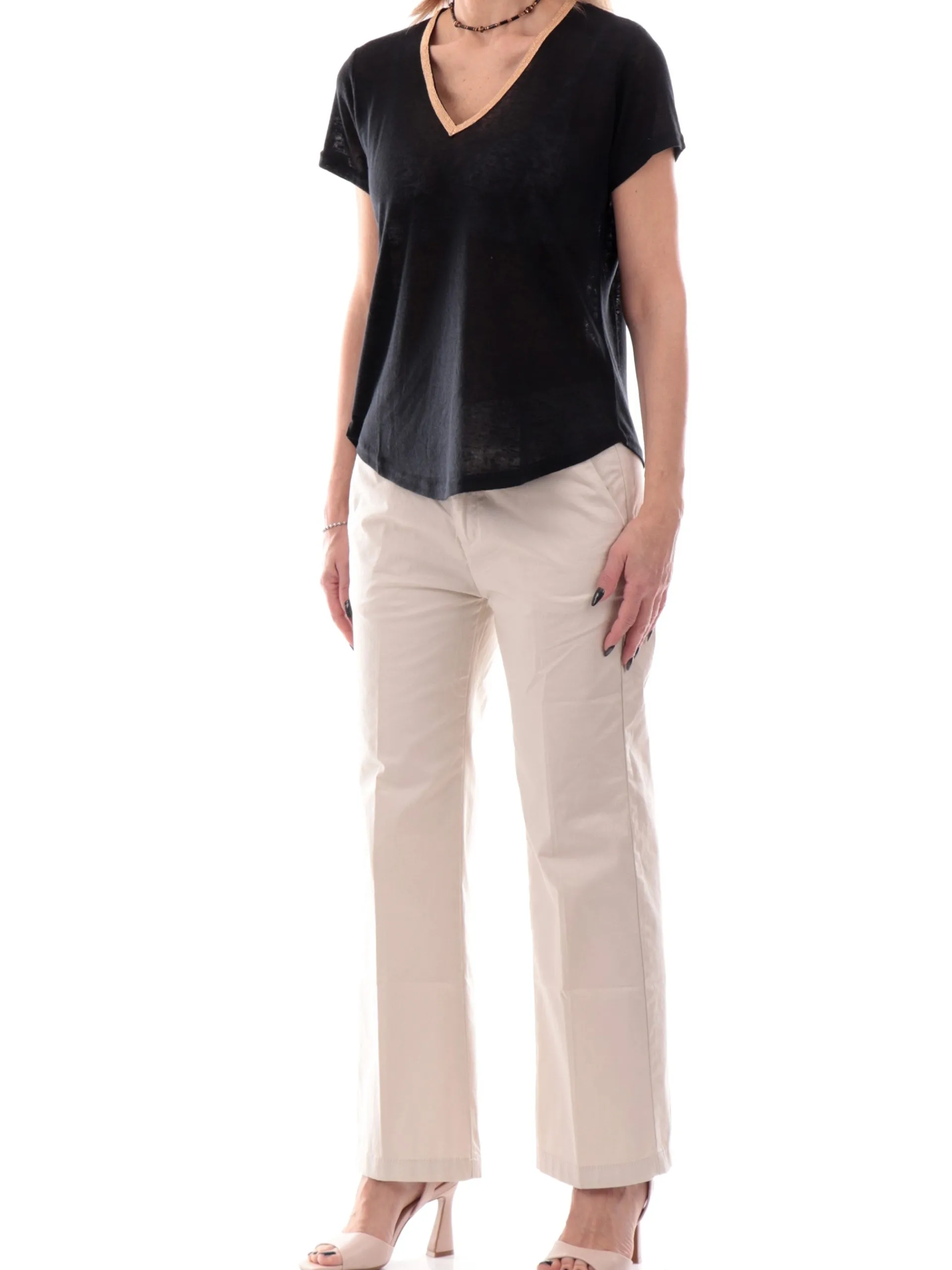 MOLLYBRACKEN T-Shirt*Maglia Molly Bracken nera da donna con scollo a V e profilo oro