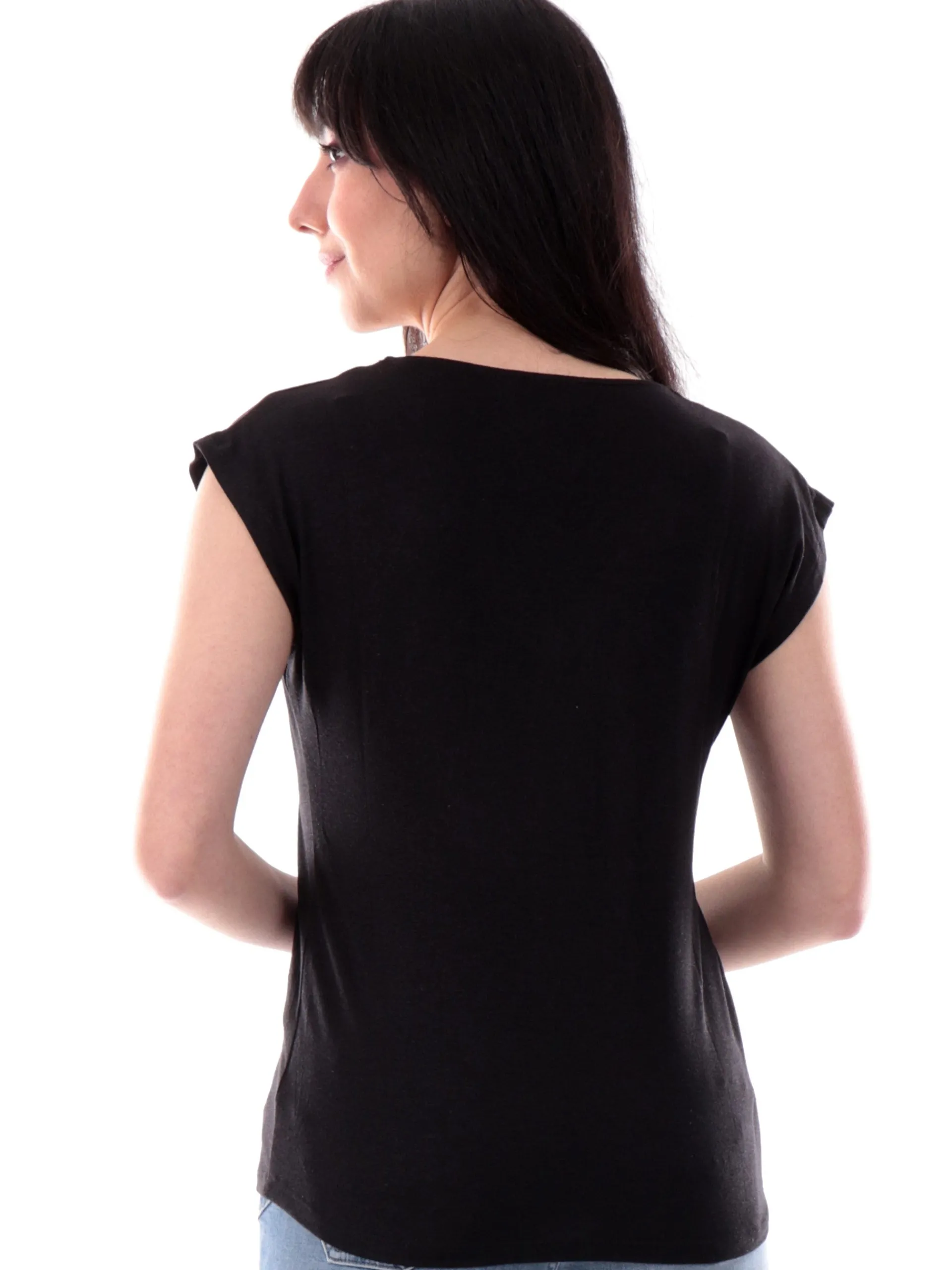 MOLLYBRACKEN T-Shirt*Maglia Molly Bracken scollo a V con strass Nera da donna T2019DP