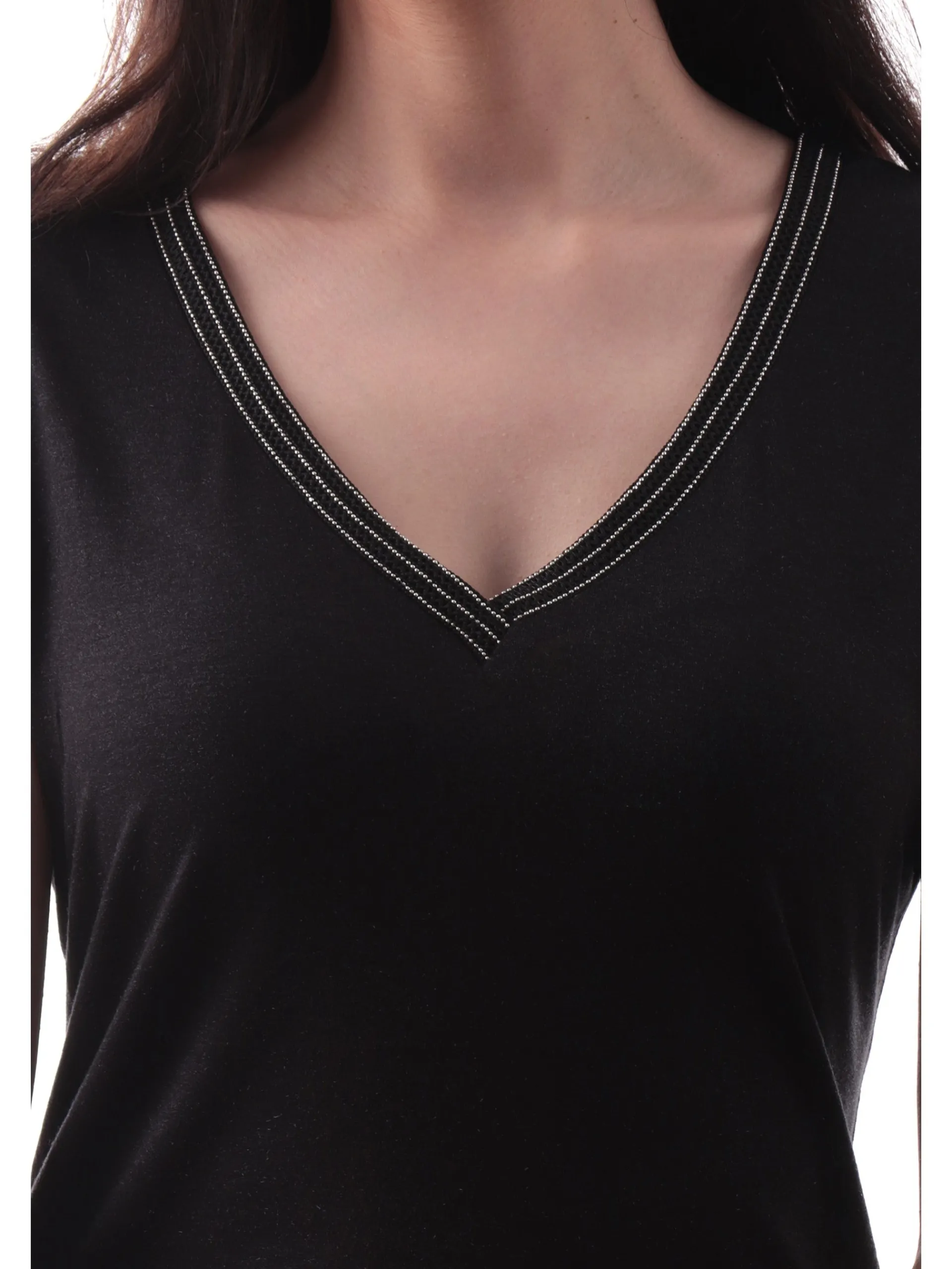 MOLLYBRACKEN T-Shirt*Maglia Molly Bracken scollo a V con strass Nera da donna T2019DP