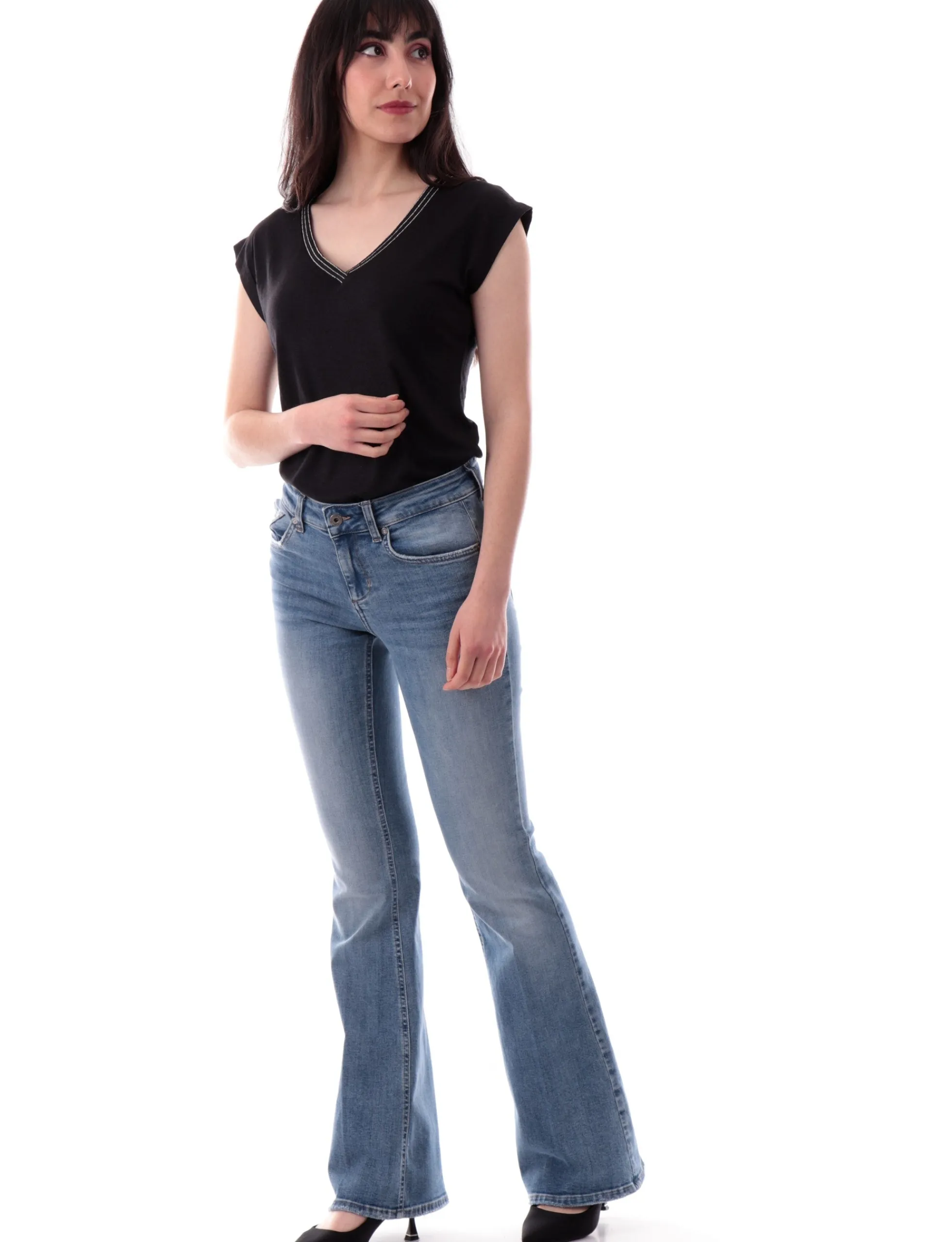 MOLLYBRACKEN T-Shirt*Maglia Molly Bracken scollo a V con strass Nera da donna T2019DP