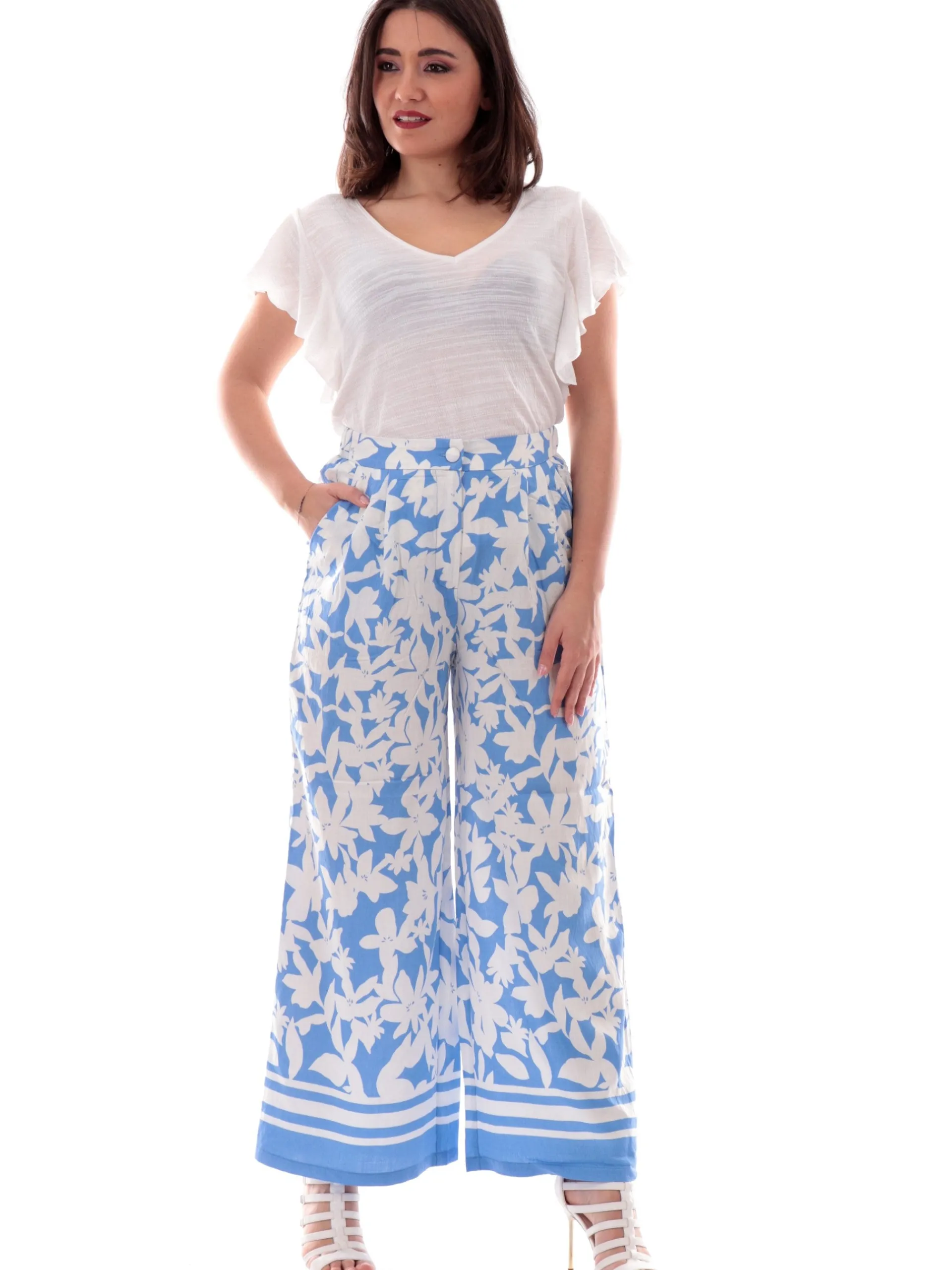 MOLLYBRACKEN T-Shirt*Maglia Molly Bracken scollo a V bianca da donna maniche a farfalla E1615DP