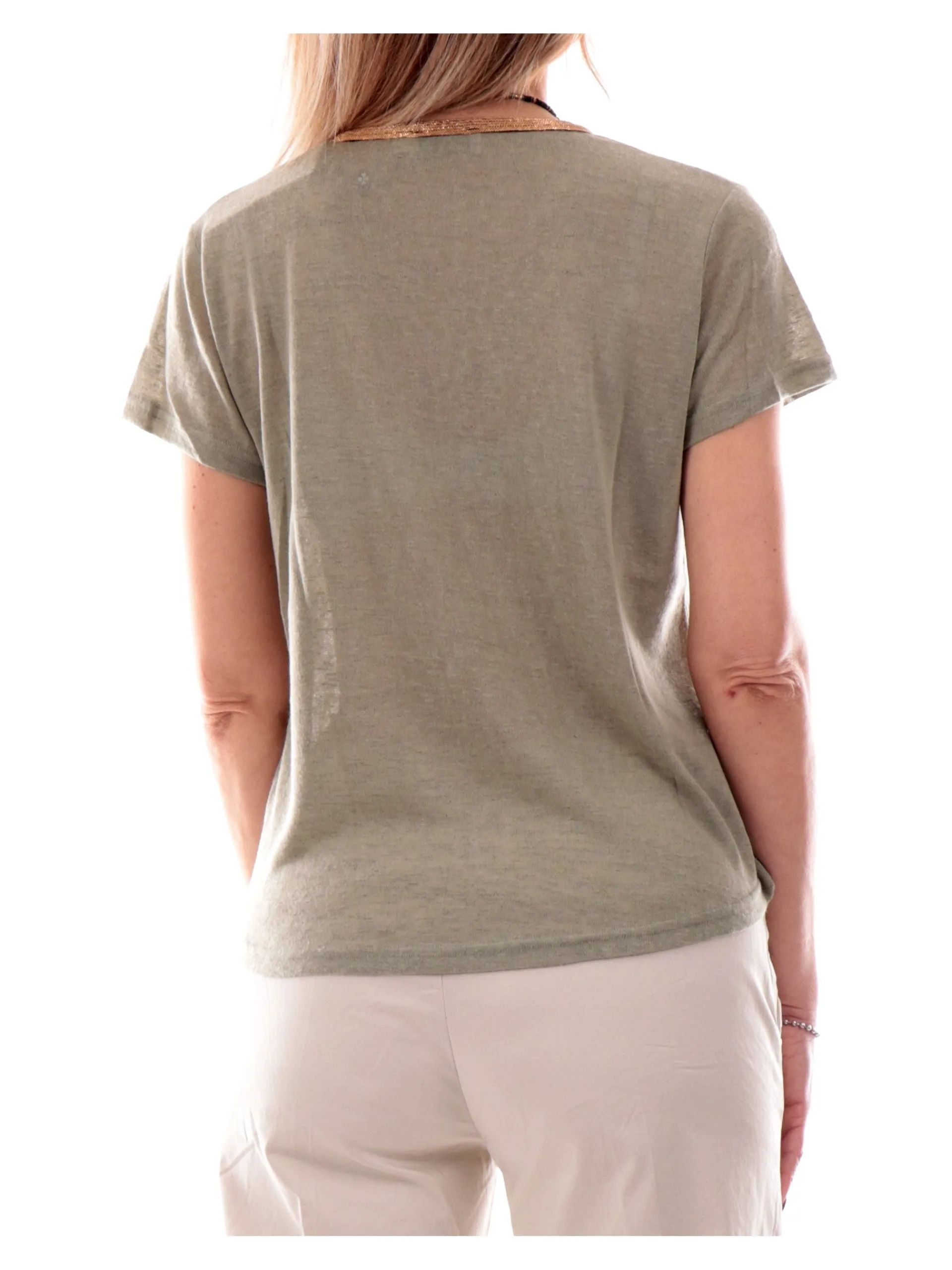 MOLLYBRACKEN T-Shirt*Maglia Molly Bracken Verde militare da donna con scollo a V e profilo oro T427DP