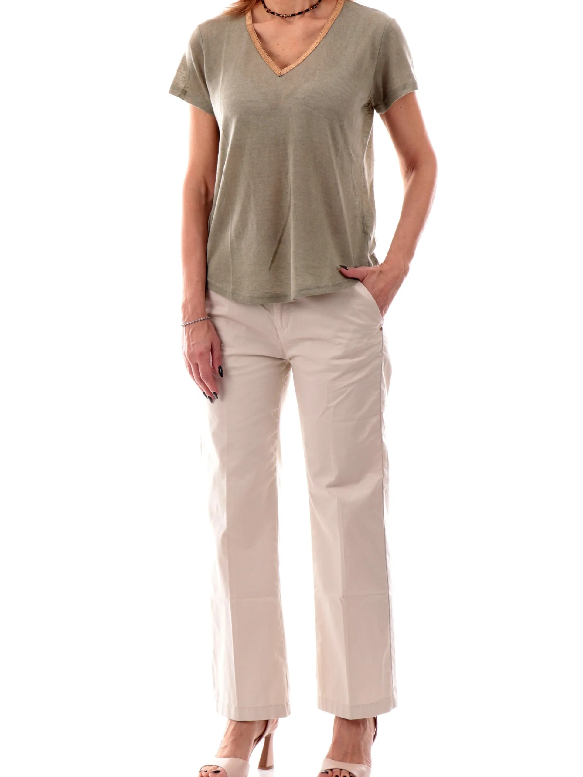 MOLLYBRACKEN T-Shirt*Maglia Molly Bracken Verde militare da donna con scollo a V e profilo oro T427DP