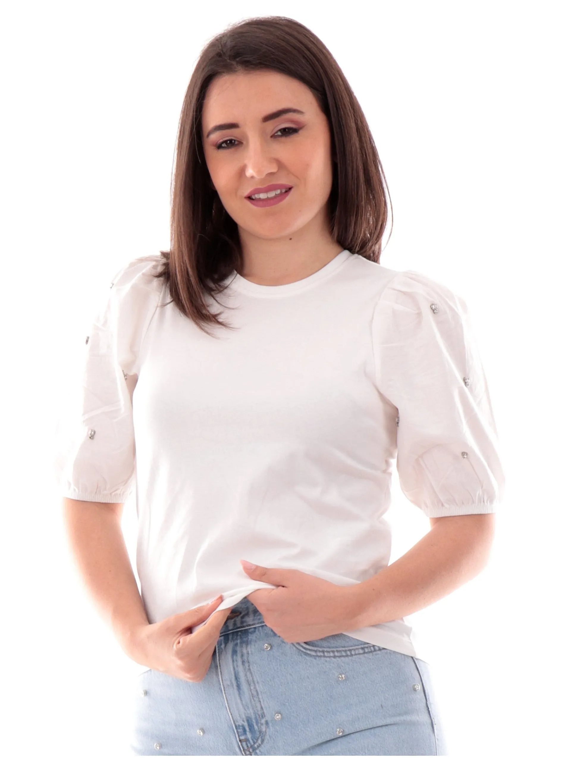 ONLY Maglie*Maglia bianca da donna con maniche a sbuffo e strass 15346887