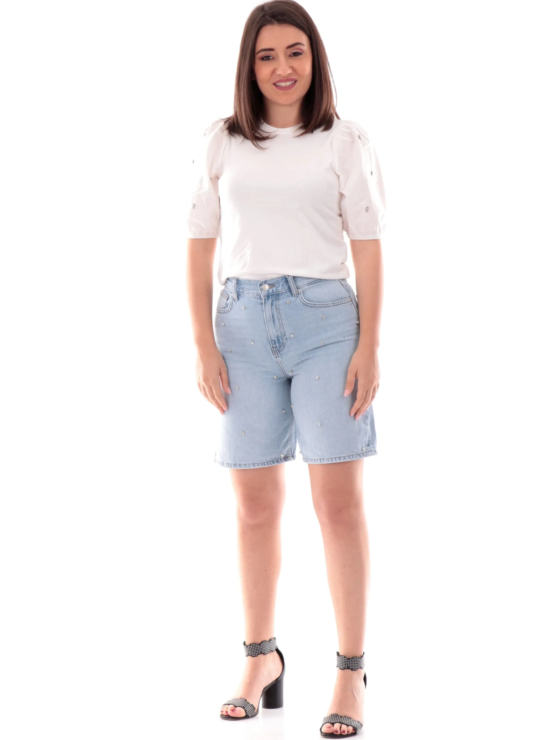 ONLY Maglie*Maglia bianca da donna con maniche a sbuffo e strass 15346887