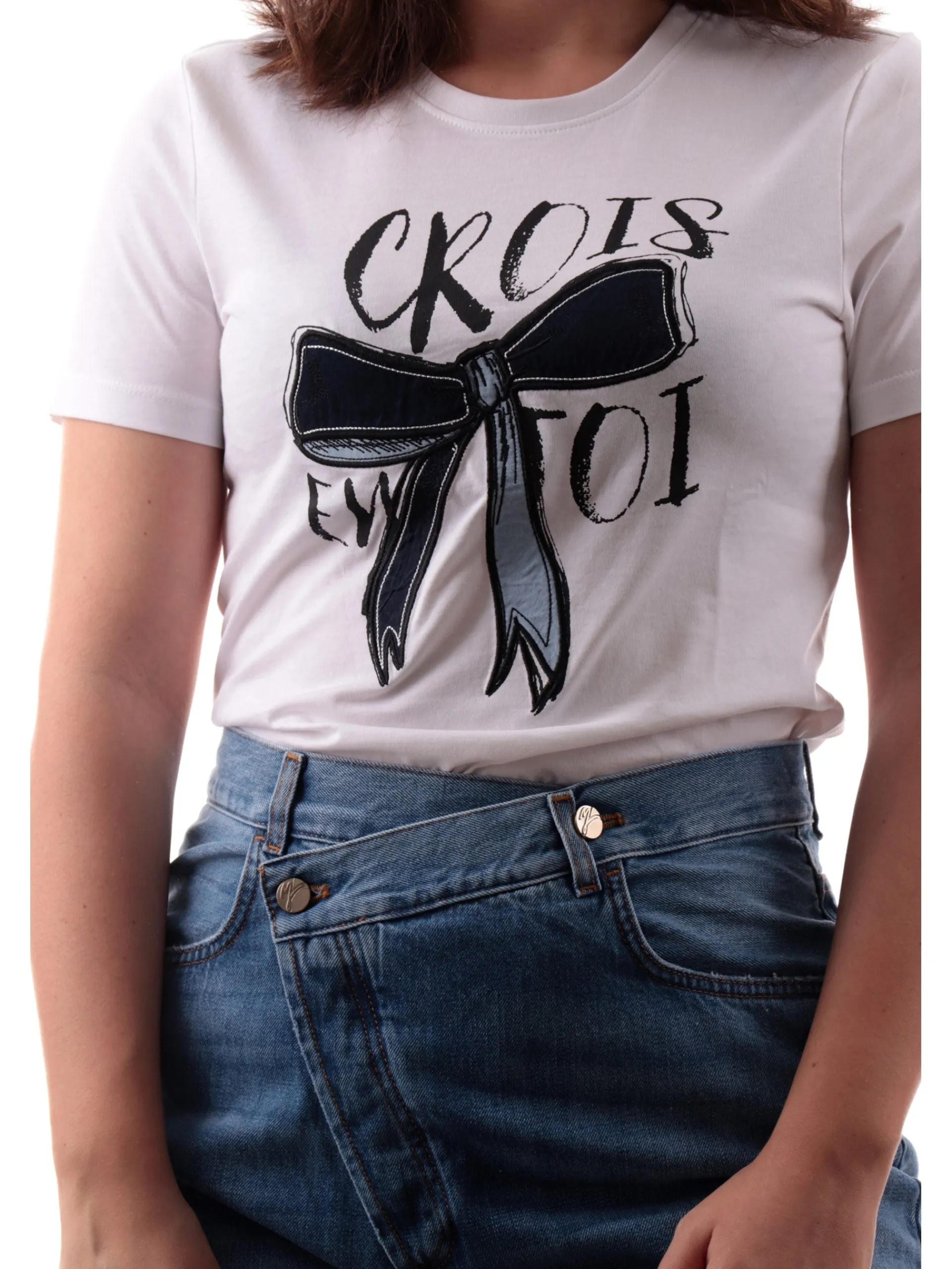 ONLY T-Shirt*Maglia bianca girocollo da donna con stampa e patch fiocco 15329752