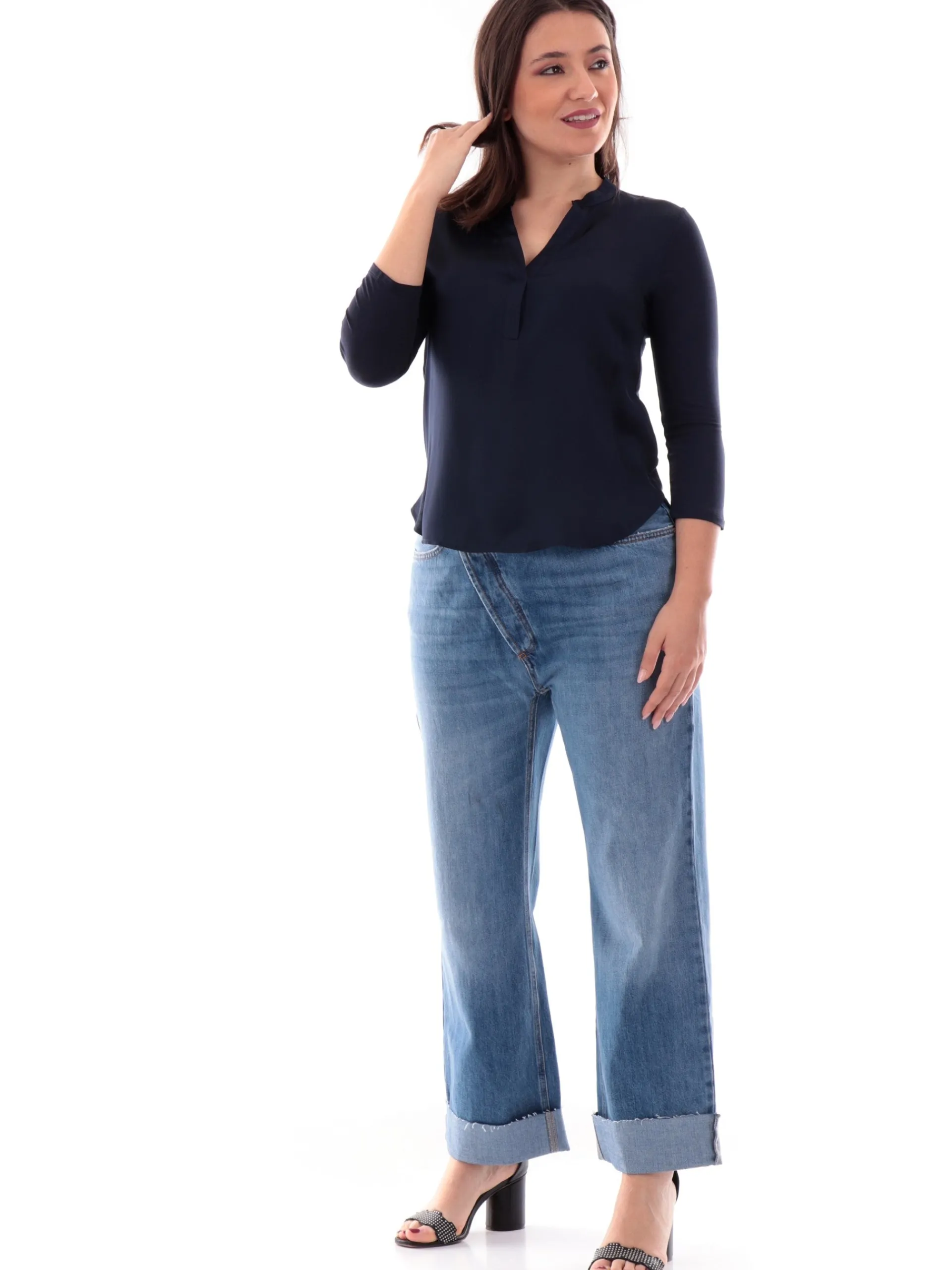 ANIS Maglie*Maglia raso blu da donna scollo a V 251C1041