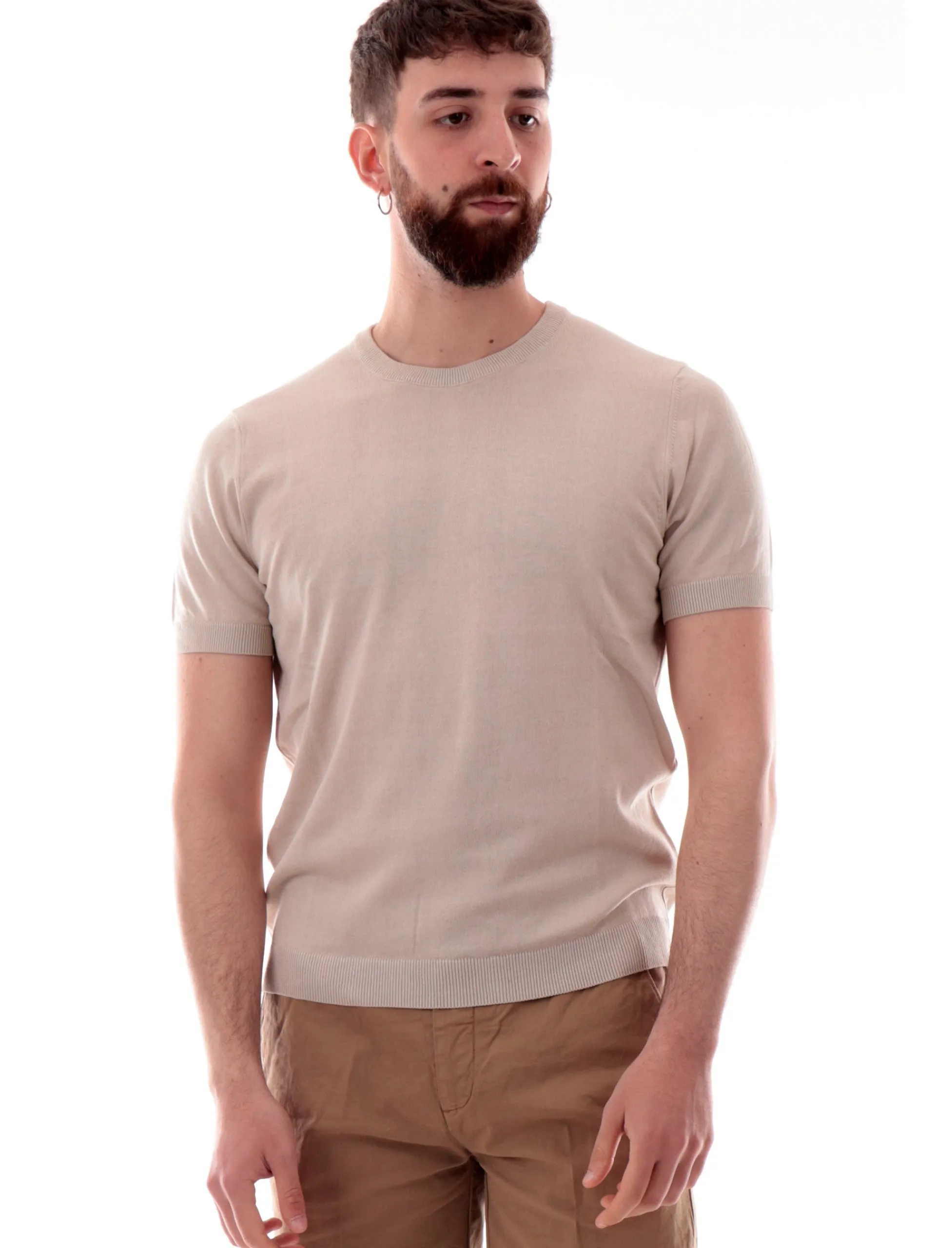 VELK T-Shirt*Maglia beige girocollo da uomo Made in Italy lavorata a mano RS633Y