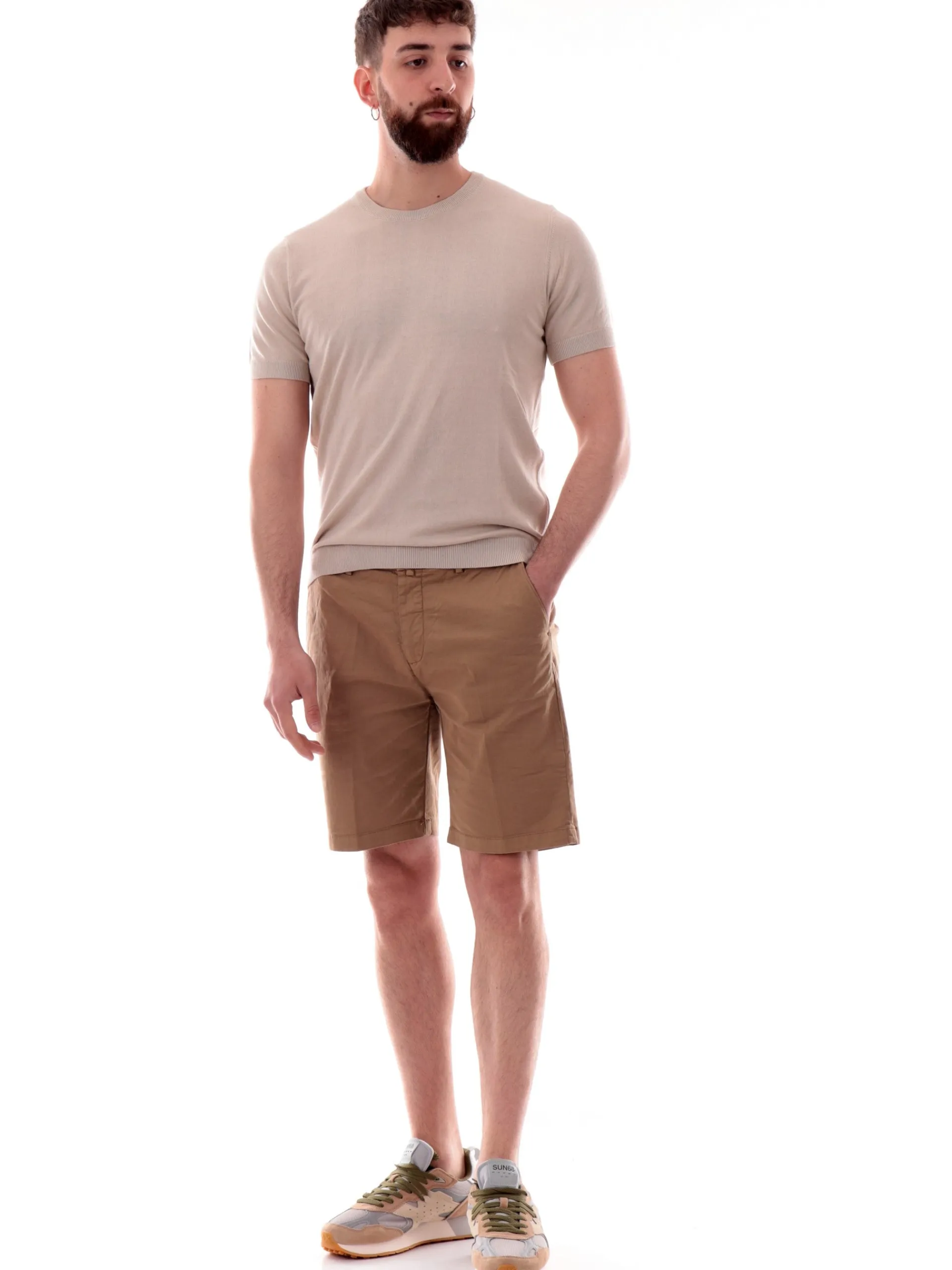 VELK T-Shirt*Maglia beige girocollo da uomo Made in Italy lavorata a mano RS633Y