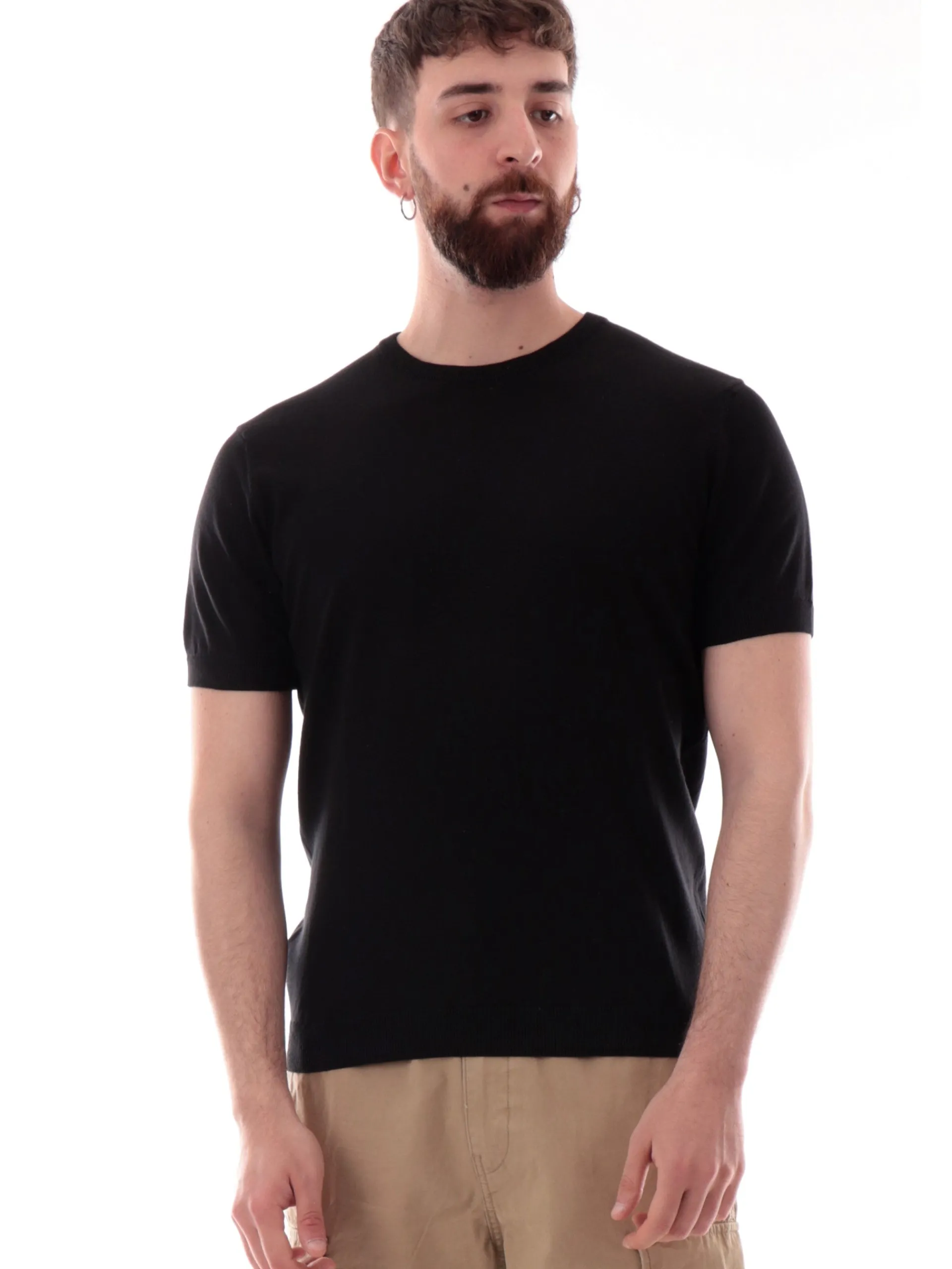 VELK T-Shirt*Maglia nera girocollo da uomo Made in Italy lavorata a mano RS633Y