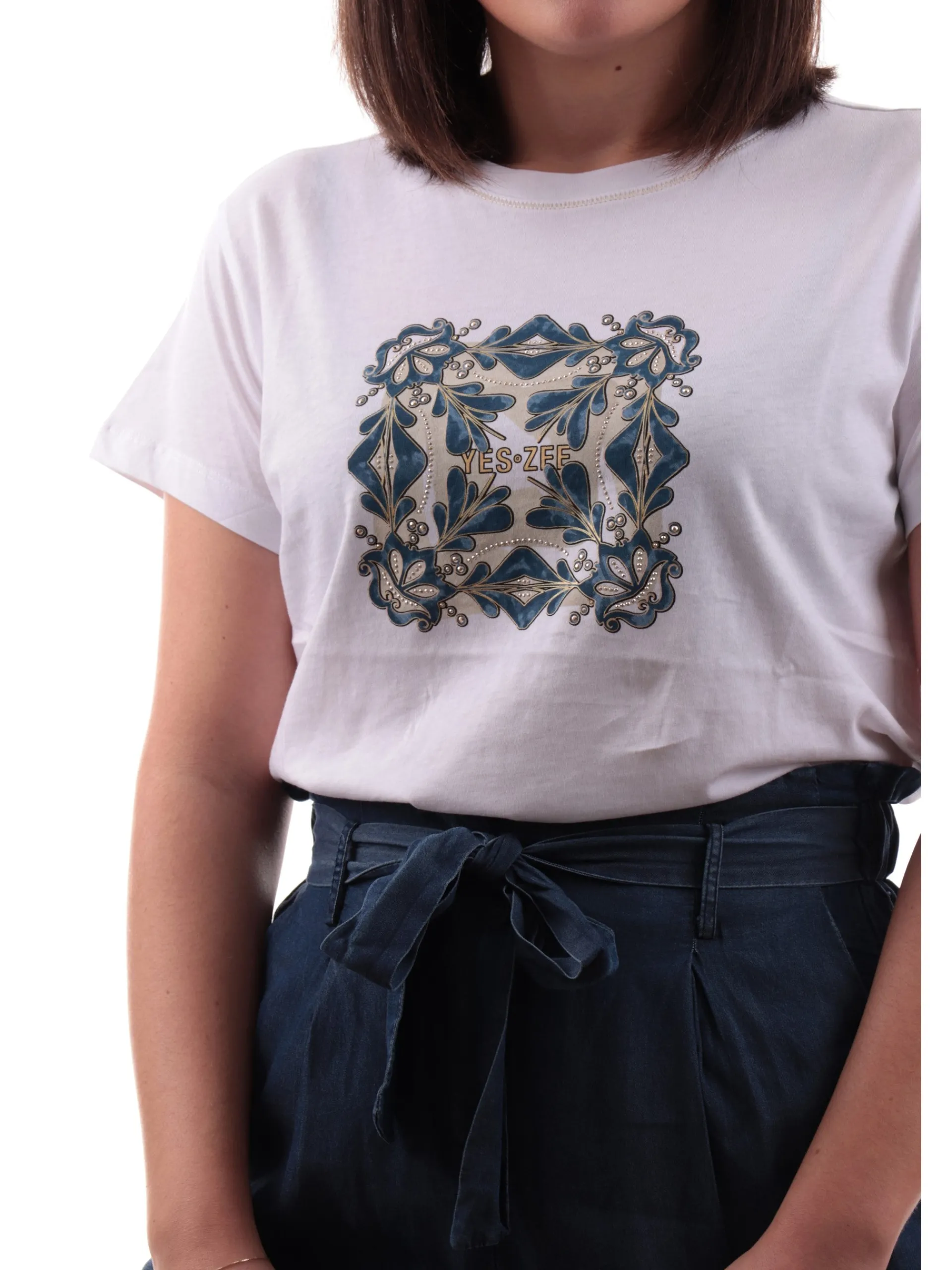 YES ZEE T-Shirt*Maglia bianca girocollo da donna stampa con strass T264SG00
