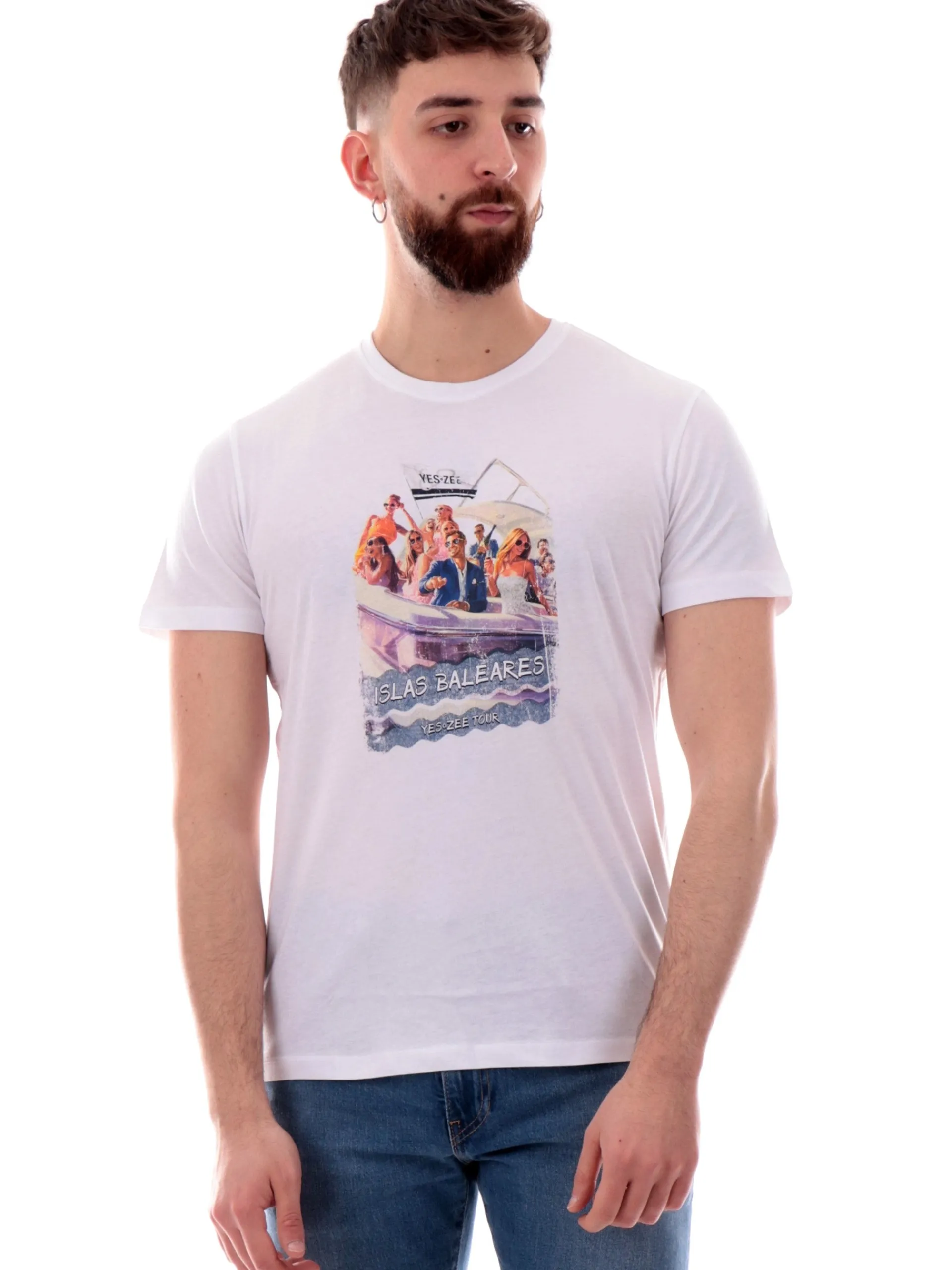 YES ZEE T-Shirt*Maglia bianca girocollo da uomo maxi stampa Isole Baleari T728SG03