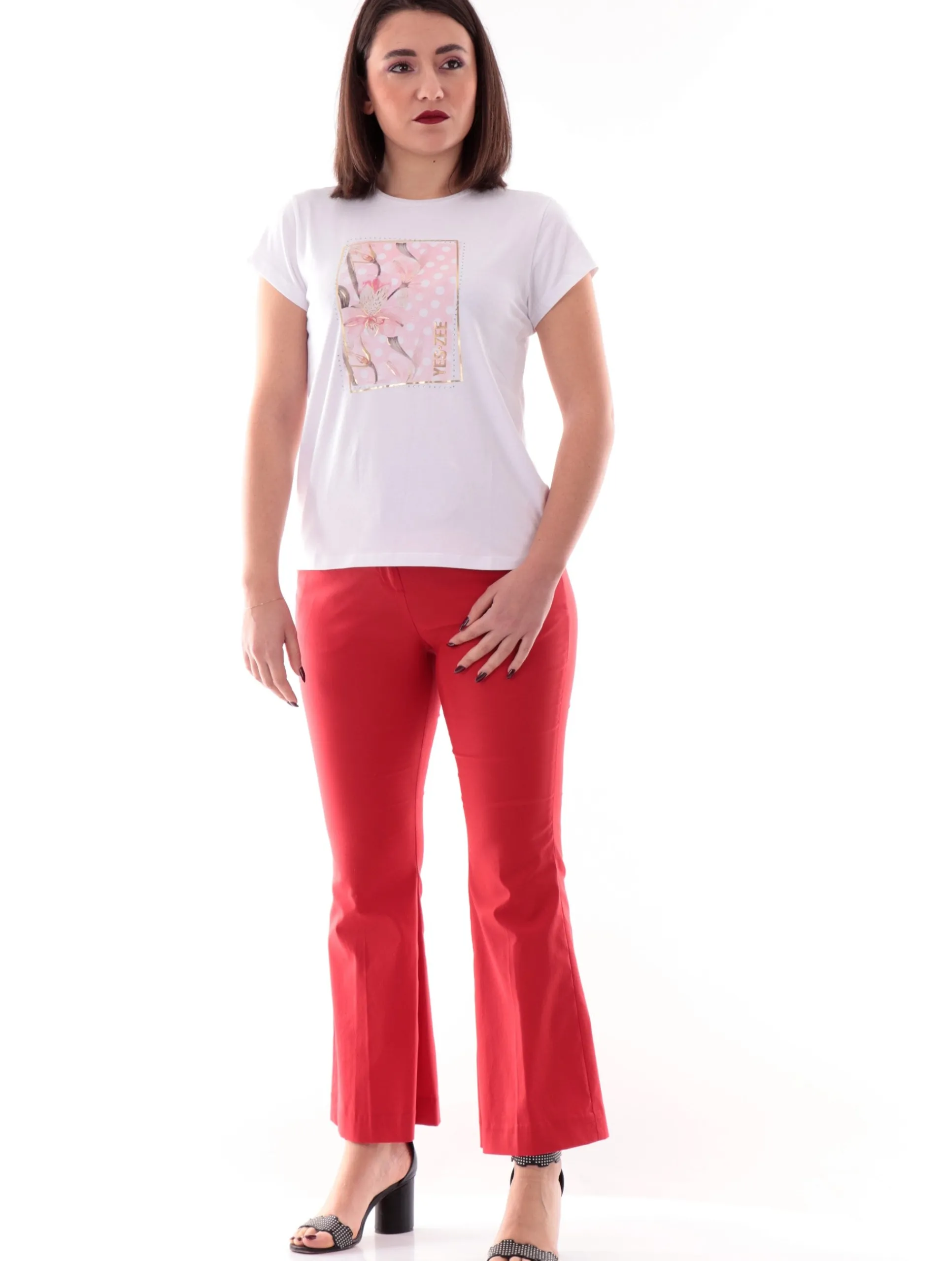 YES ZEE T-Shirt*Maglia bianca girocollo da donna stampa fiore con strass T273S700