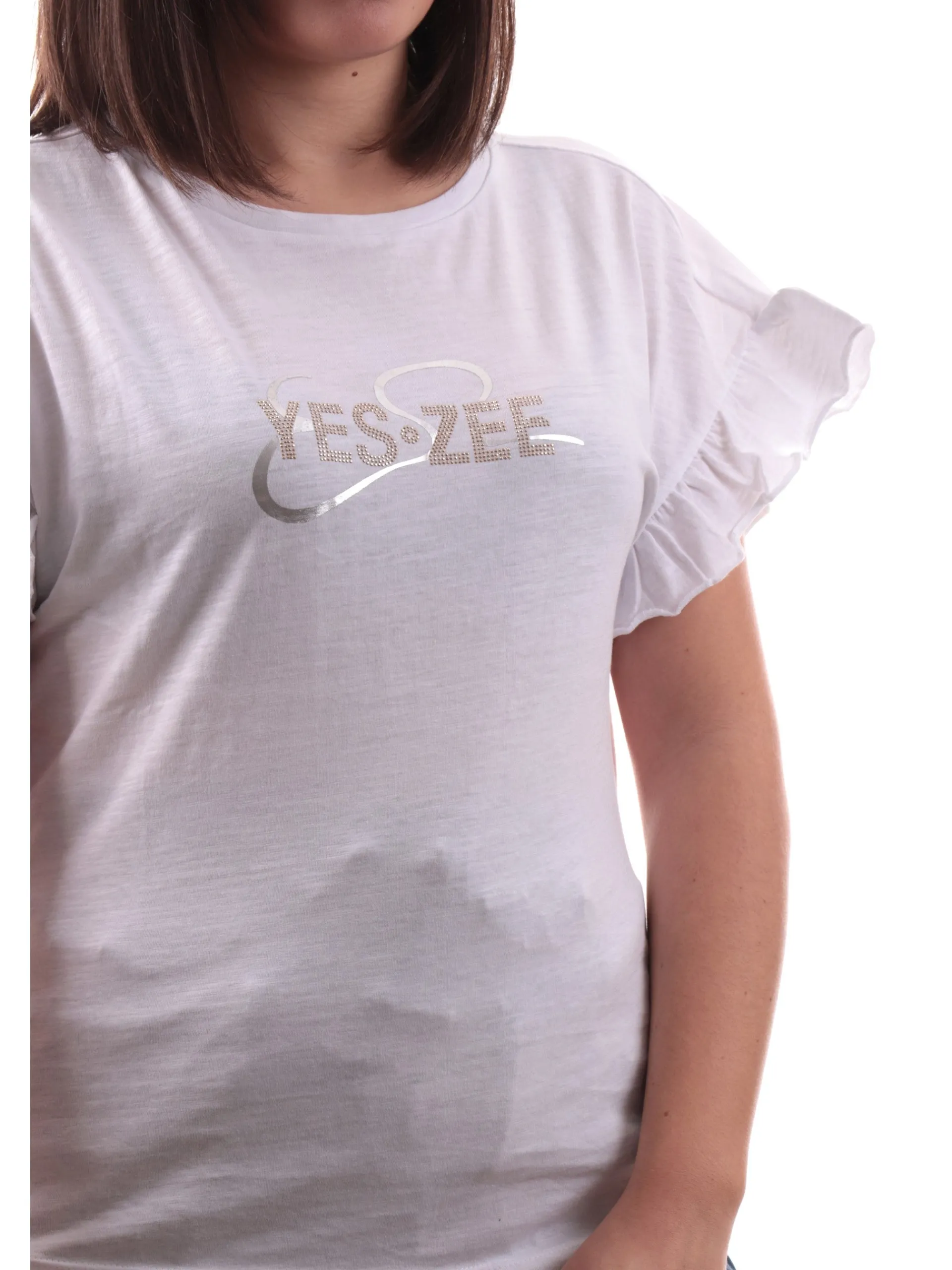 YES ZEE T-Shirt*Maglia bianca maniche pipistrello da donna logo con strass T203TL00