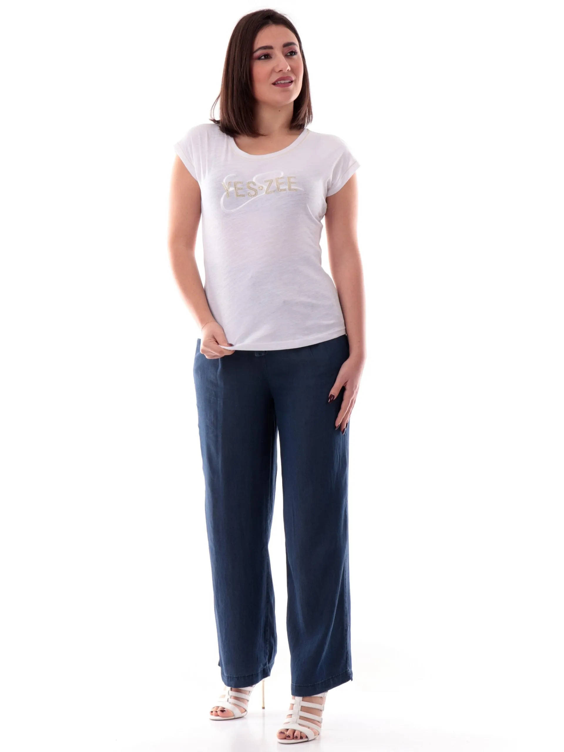 YES ZEE T-Shirt*Maglia bianca maniche pipistrello da donna logo con strass T229TL00