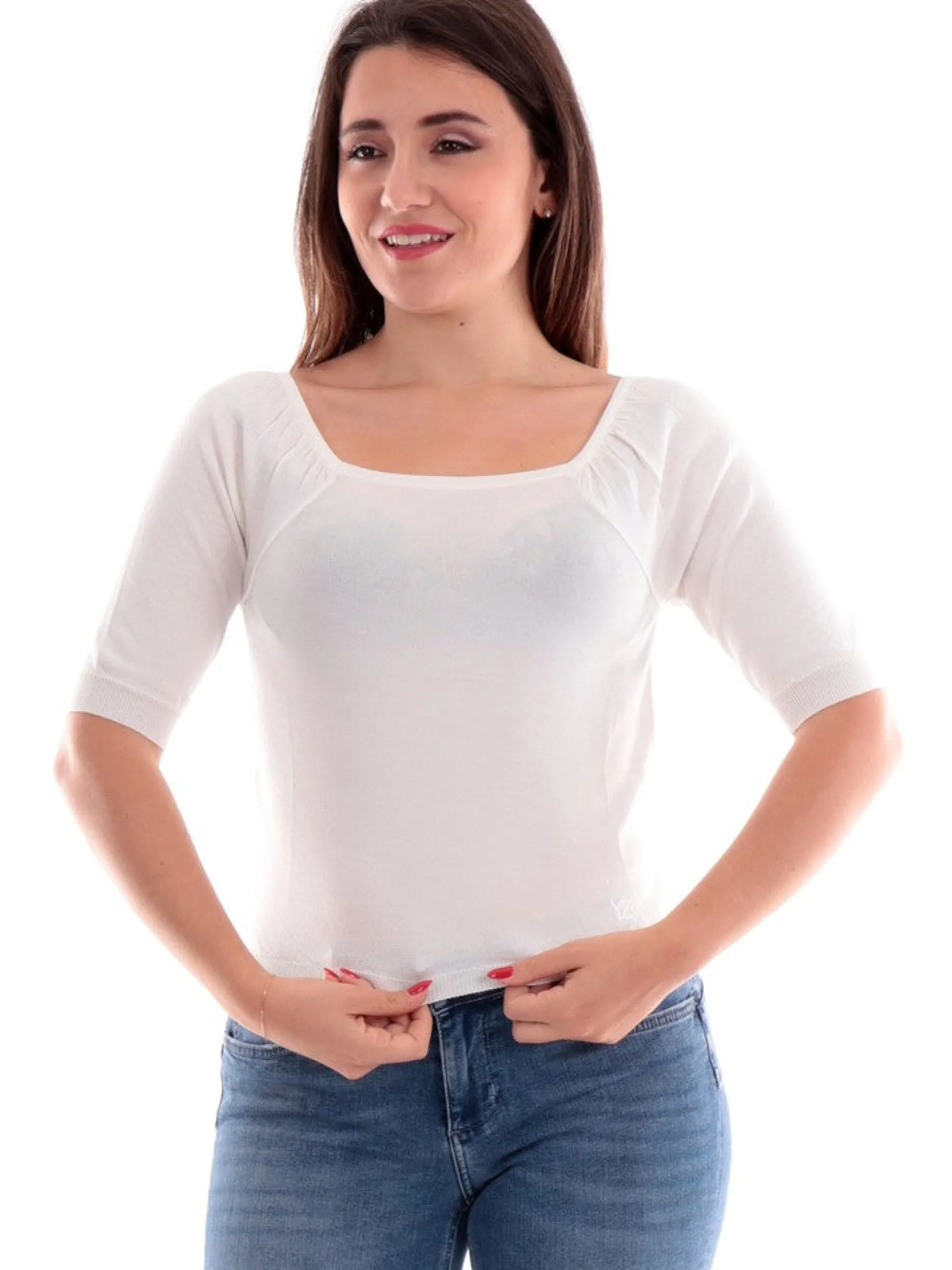 YES ZEE Maglie*Maglia bianca scollo quadrato maniche sbuffo M214LH000