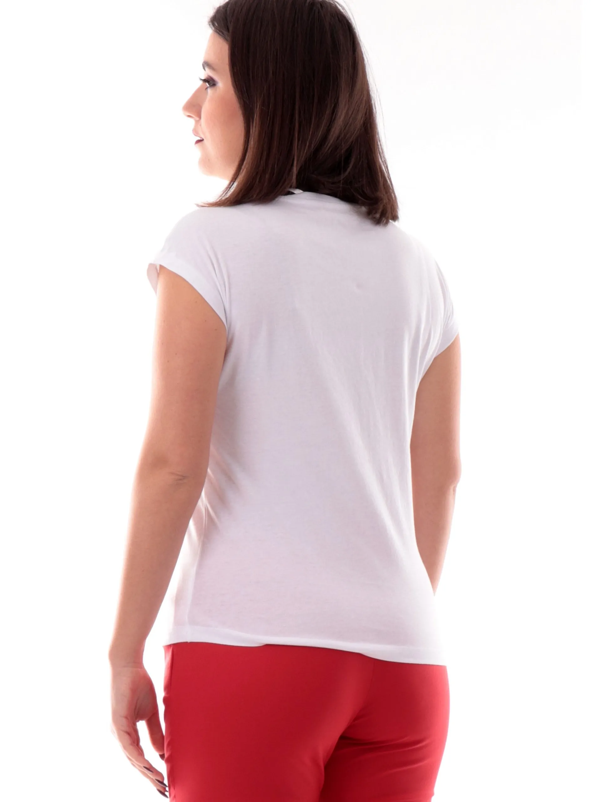 YES ZEE T-Shirt*Maglia bianca vestibilità morbida da donna logo fiori strass T212S100