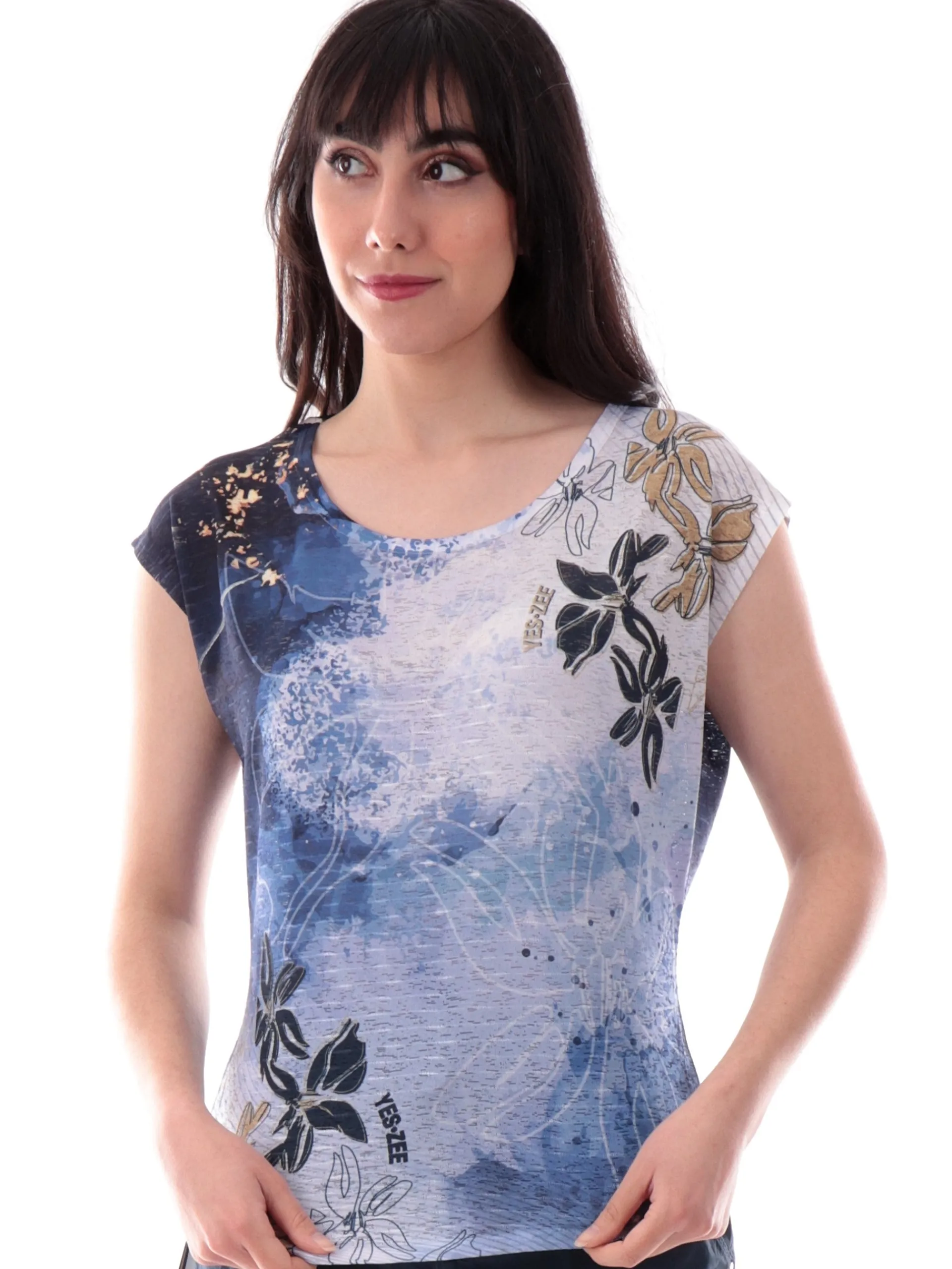 YES ZEE T-Shirt*Maglia blu da donna stampa fiori T235Y303