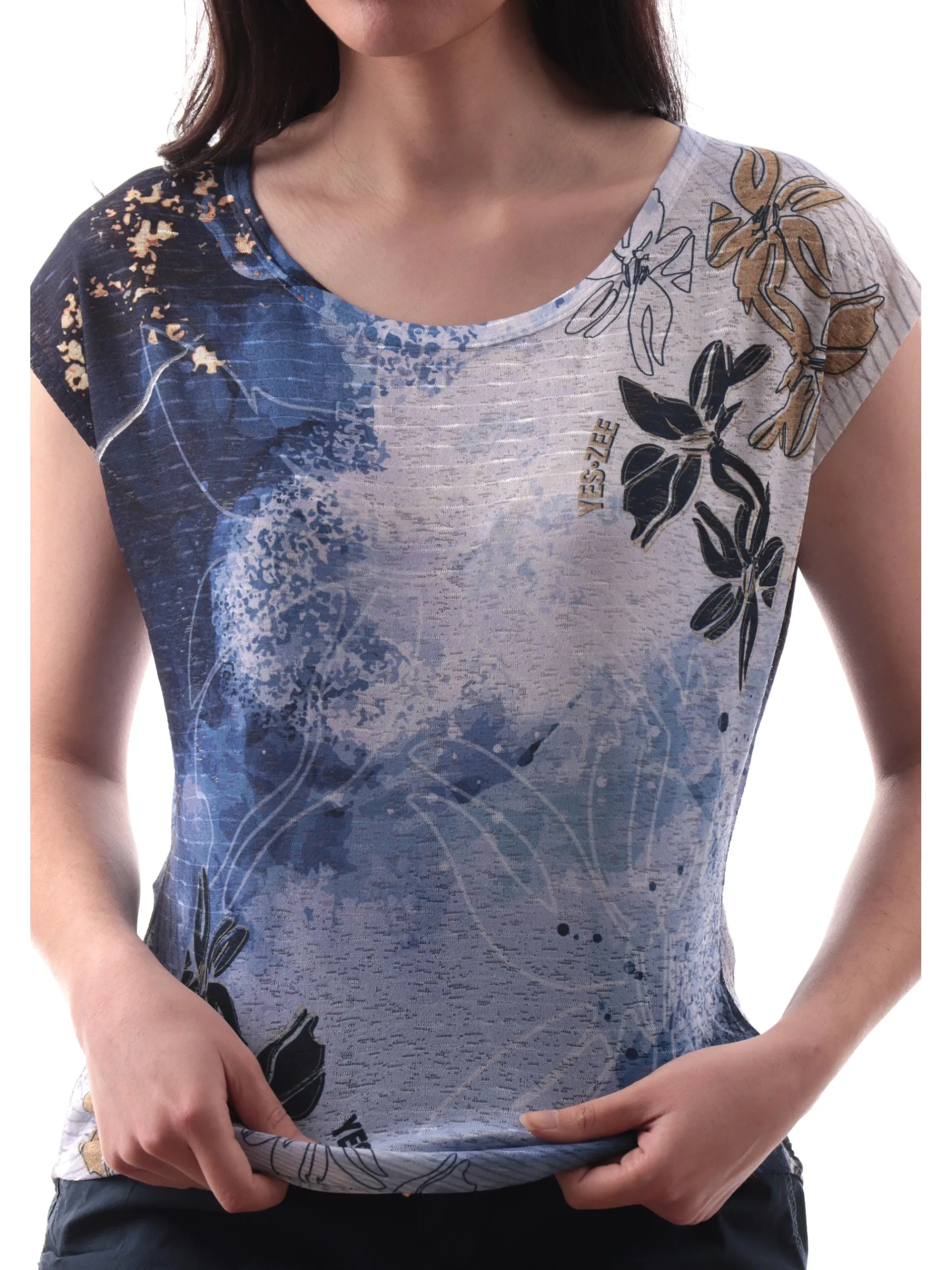 YES ZEE T-Shirt*Maglia blu da donna stampa fiori T235Y303