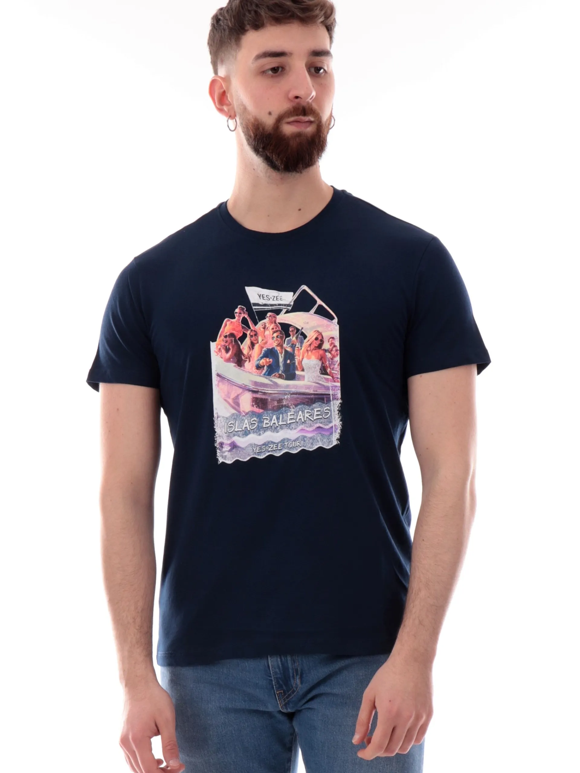 YES ZEE T-Shirt*Maglia blu girocollo da uomo maxi stampa Isole Baleari T728SG03