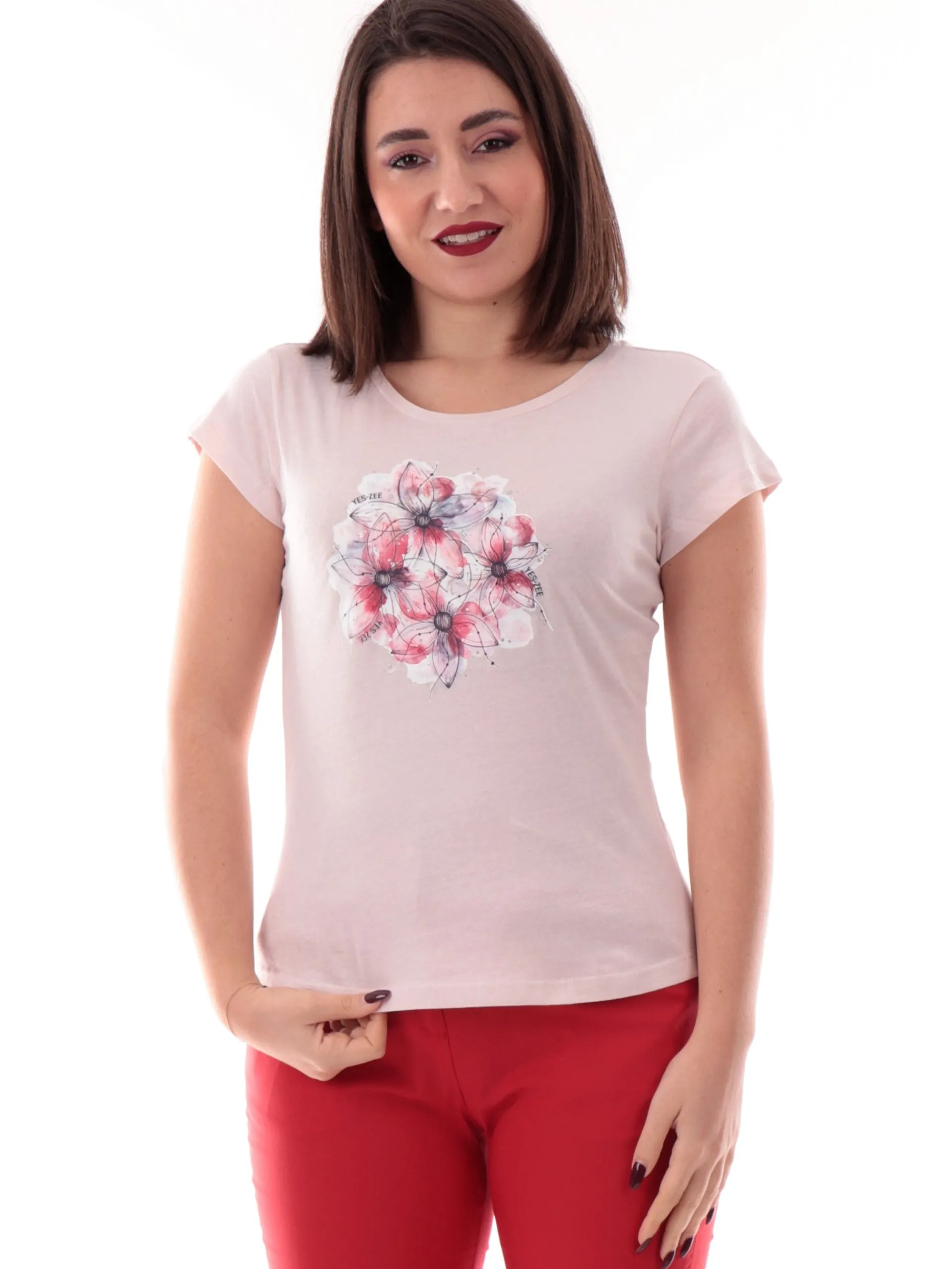 YES ZEE T-Shirt*Maglia girocollo rosa da donna stampa fiori con strass T257SG00