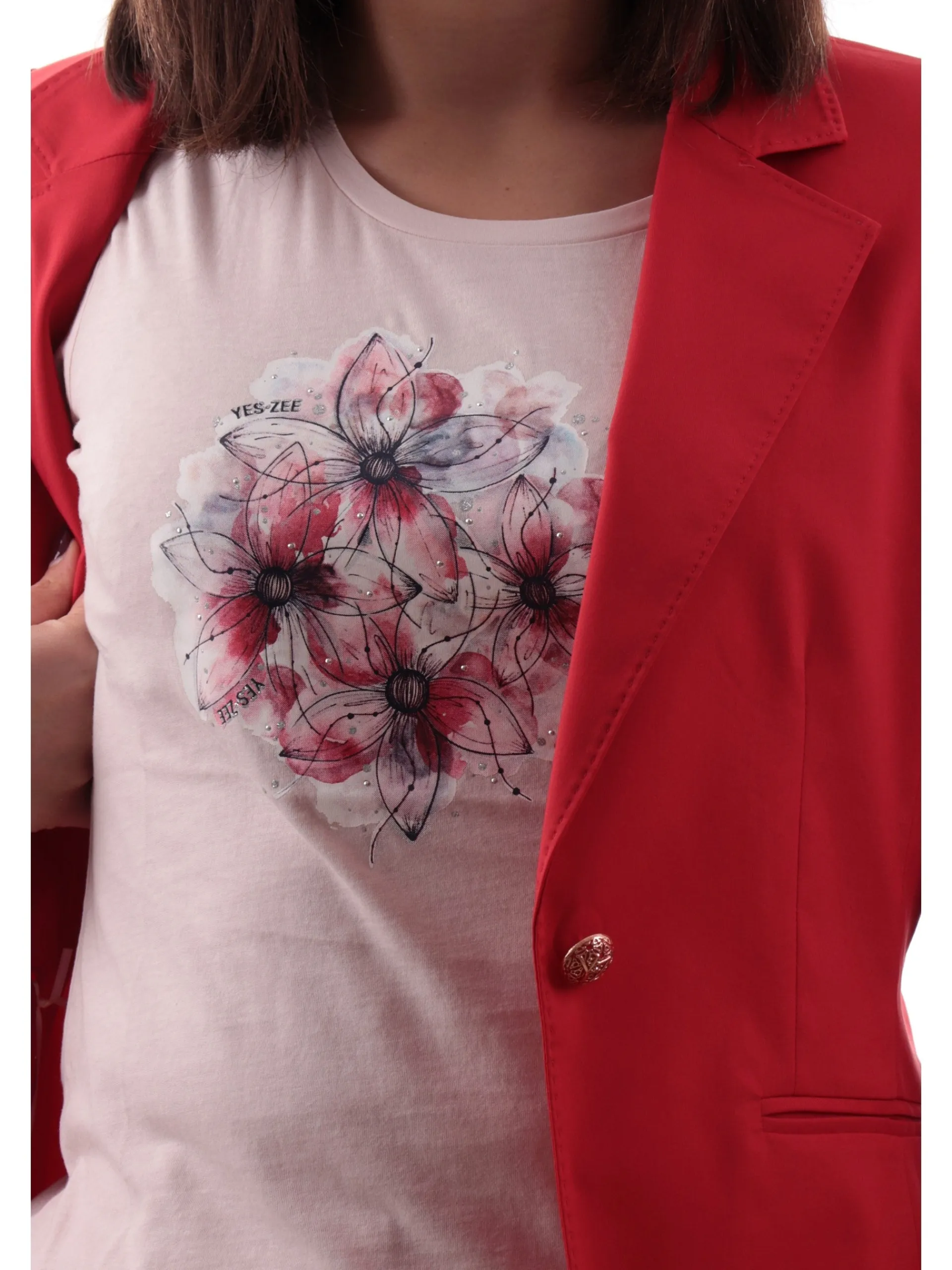 YES ZEE T-Shirt*Maglia girocollo rosa da donna stampa fiori con strass T257SG00