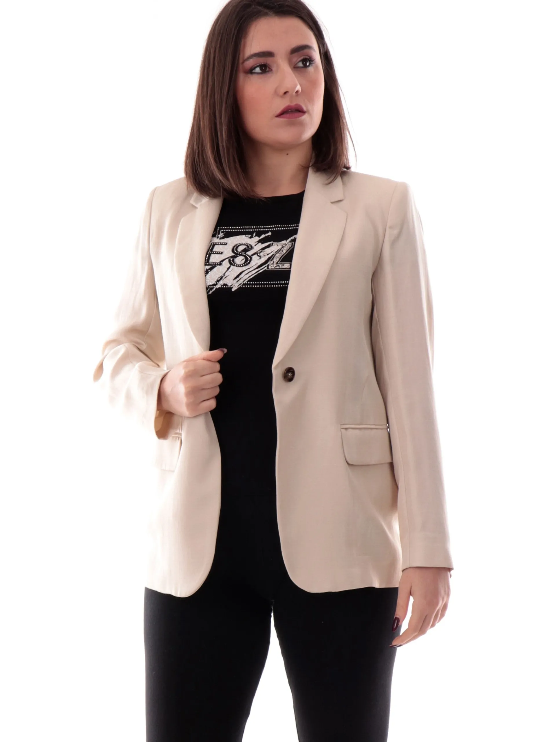 YES ZEE T-Shirt*Maglia nera girocollo da donna logo con strass T226S100