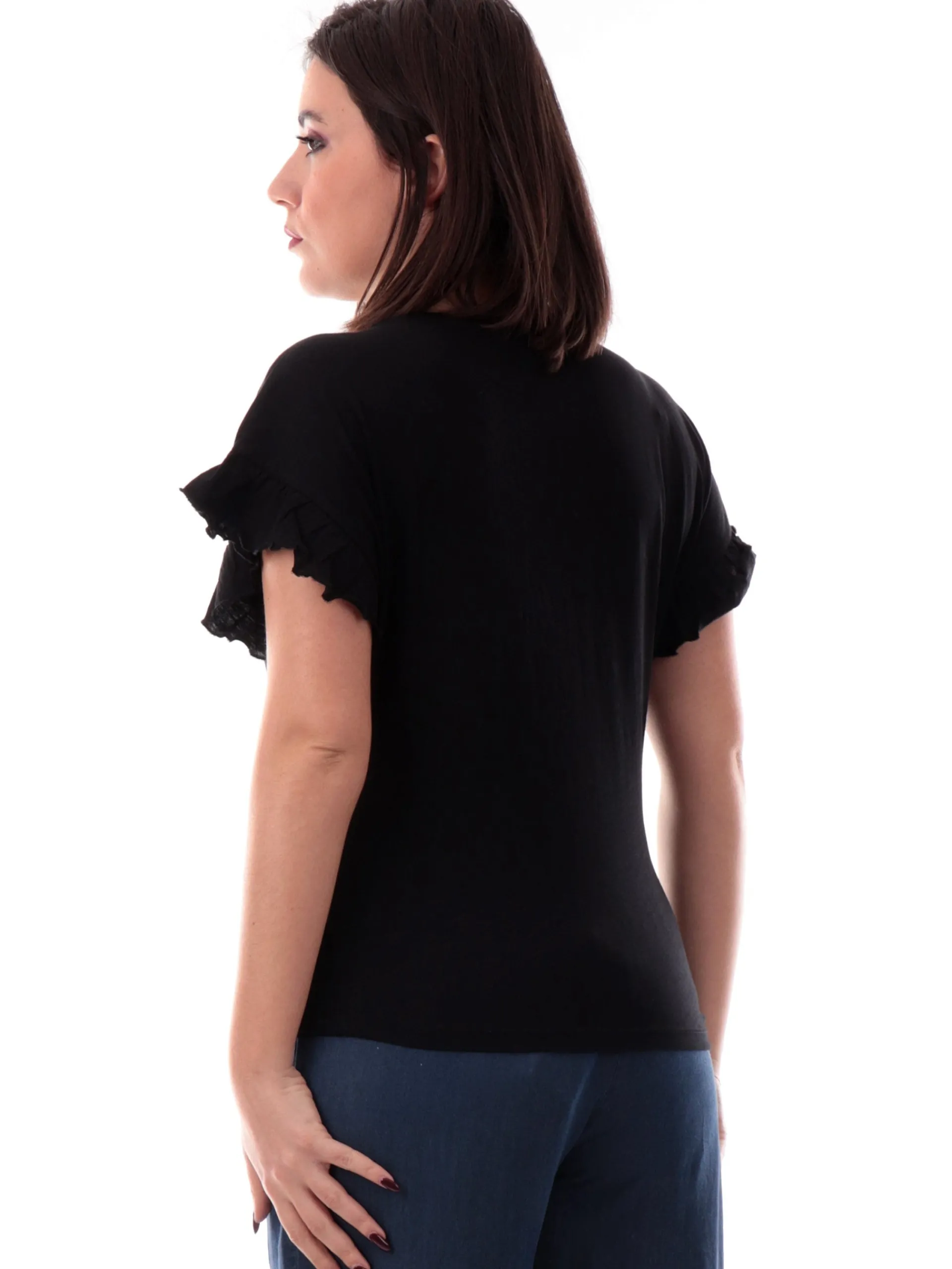 YES ZEE T-Shirt*Maglia nera maniche pipistrello da donna logo con strass T203TL00