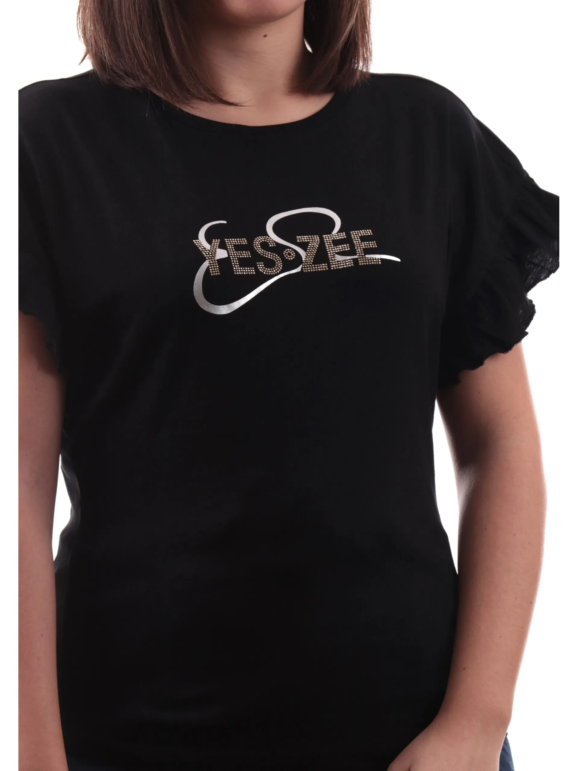 YES ZEE T-Shirt*Maglia nera maniche pipistrello da donna logo con strass T203TL00