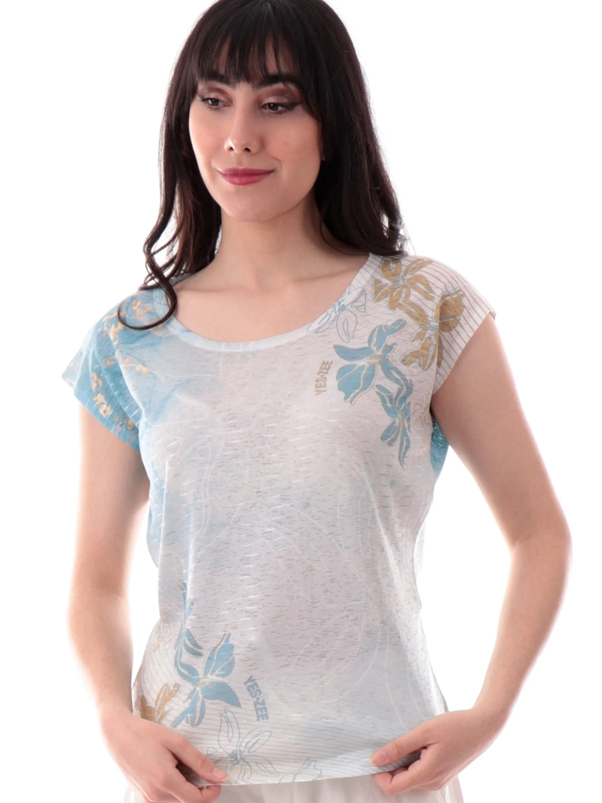 YES ZEE T-Shirt*Maglia verde acqua da donna stampa fiori T235Y303