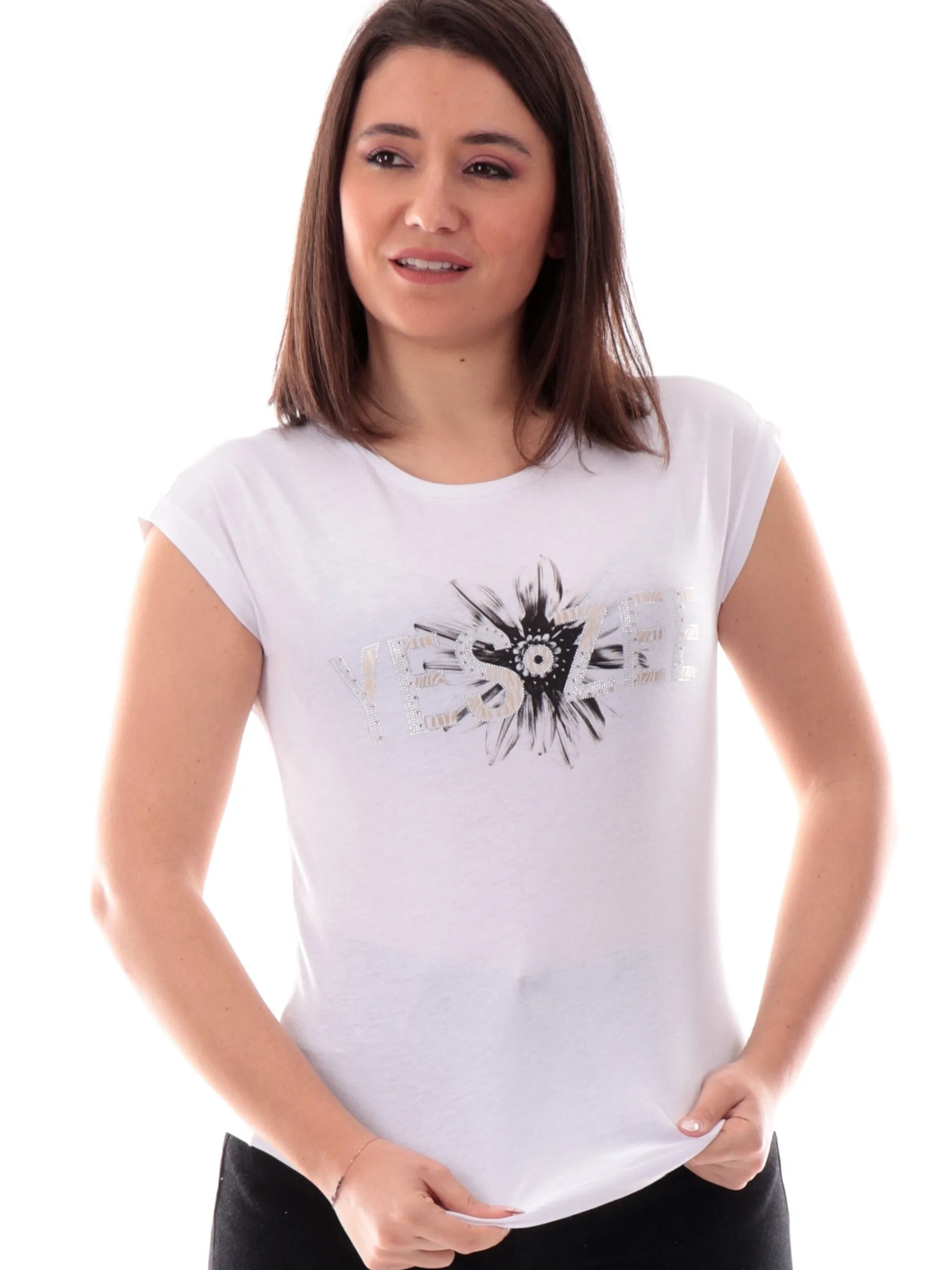 YES ZEE T-Shirt*Maglia vestibilità morbida bianca da donna con strass T212JX00