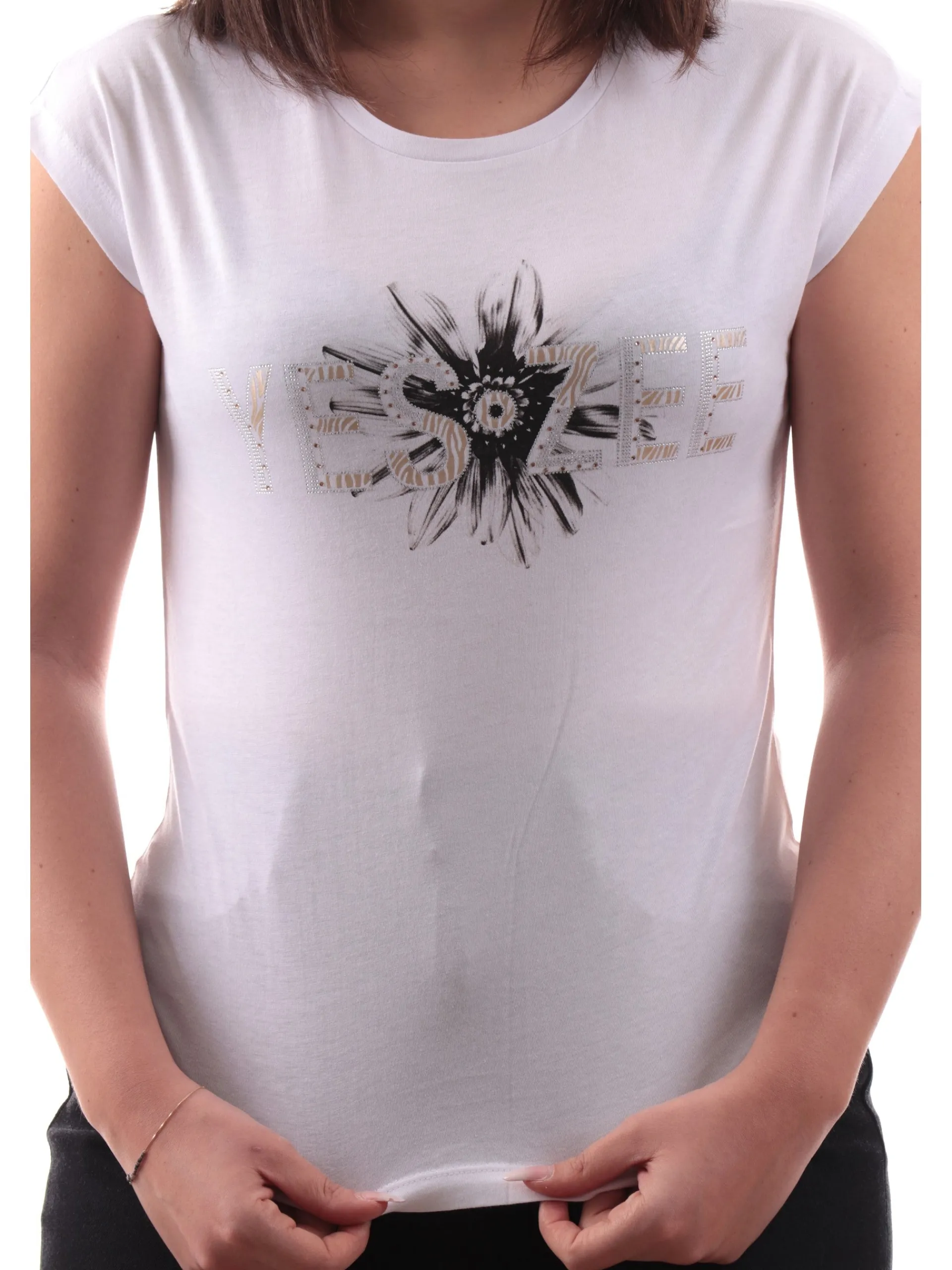 YES ZEE T-Shirt*Maglia vestibilità morbida bianca da donna con strass T212JX00