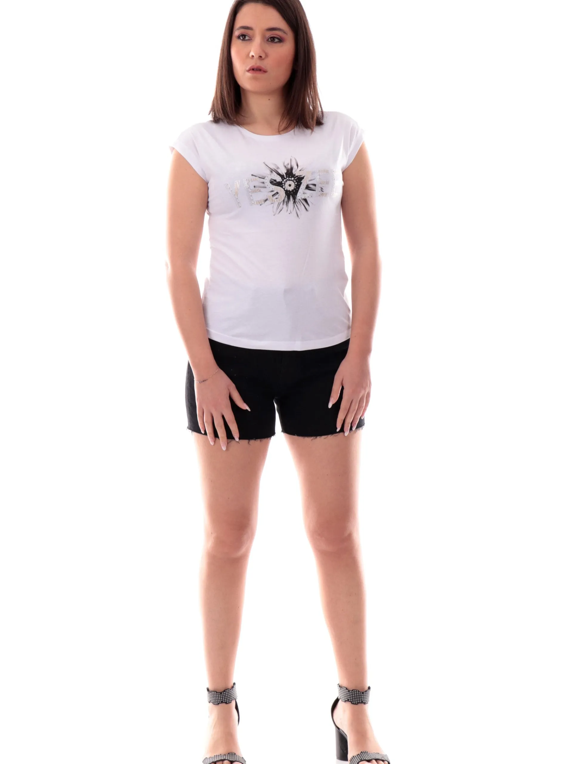YES ZEE T-Shirt*Maglia vestibilità morbida bianca da donna con strass T212JX00