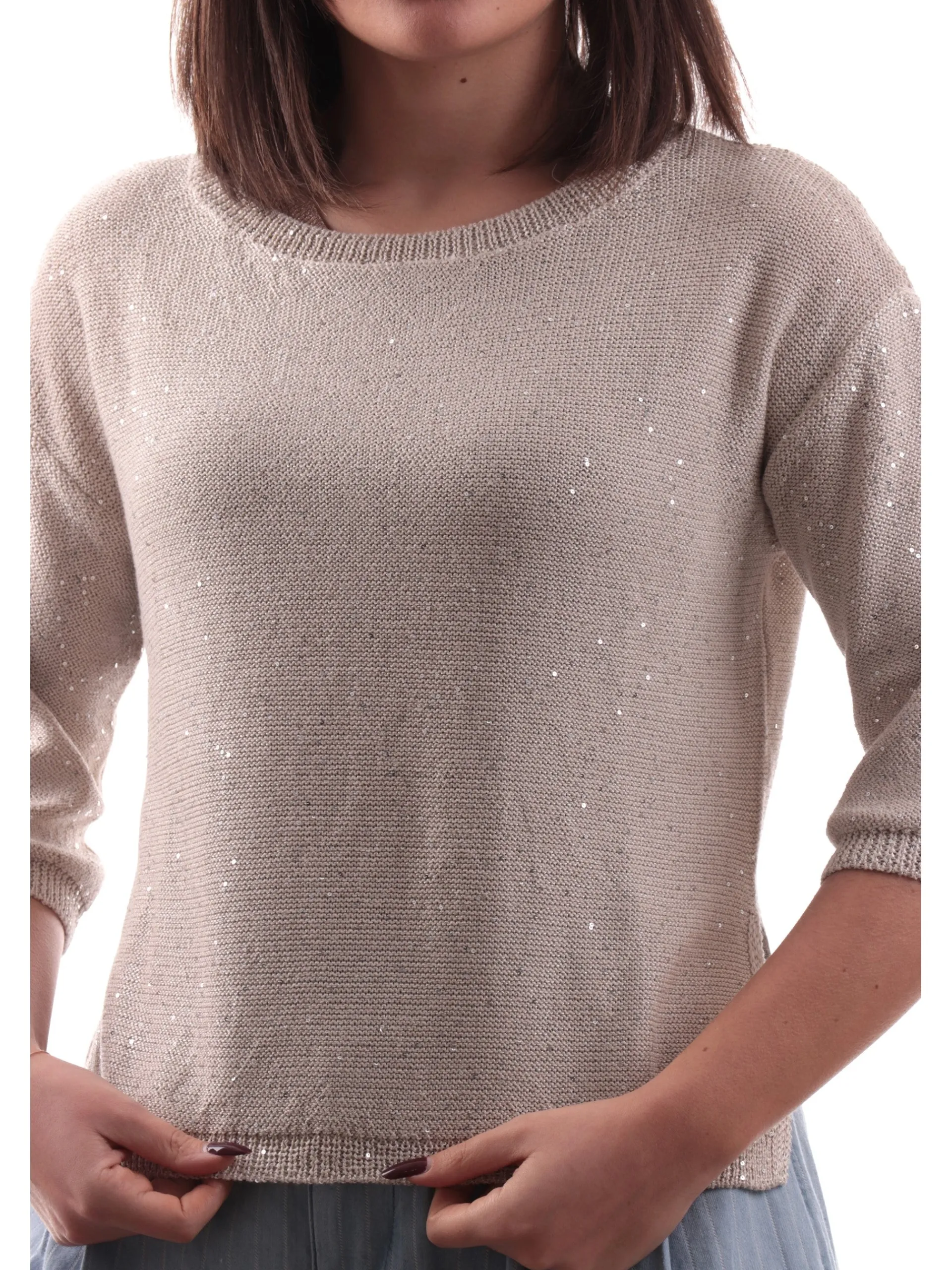 ANIS Maglie*Maglione beige scollo barca da donna con paillettes 251W1236
