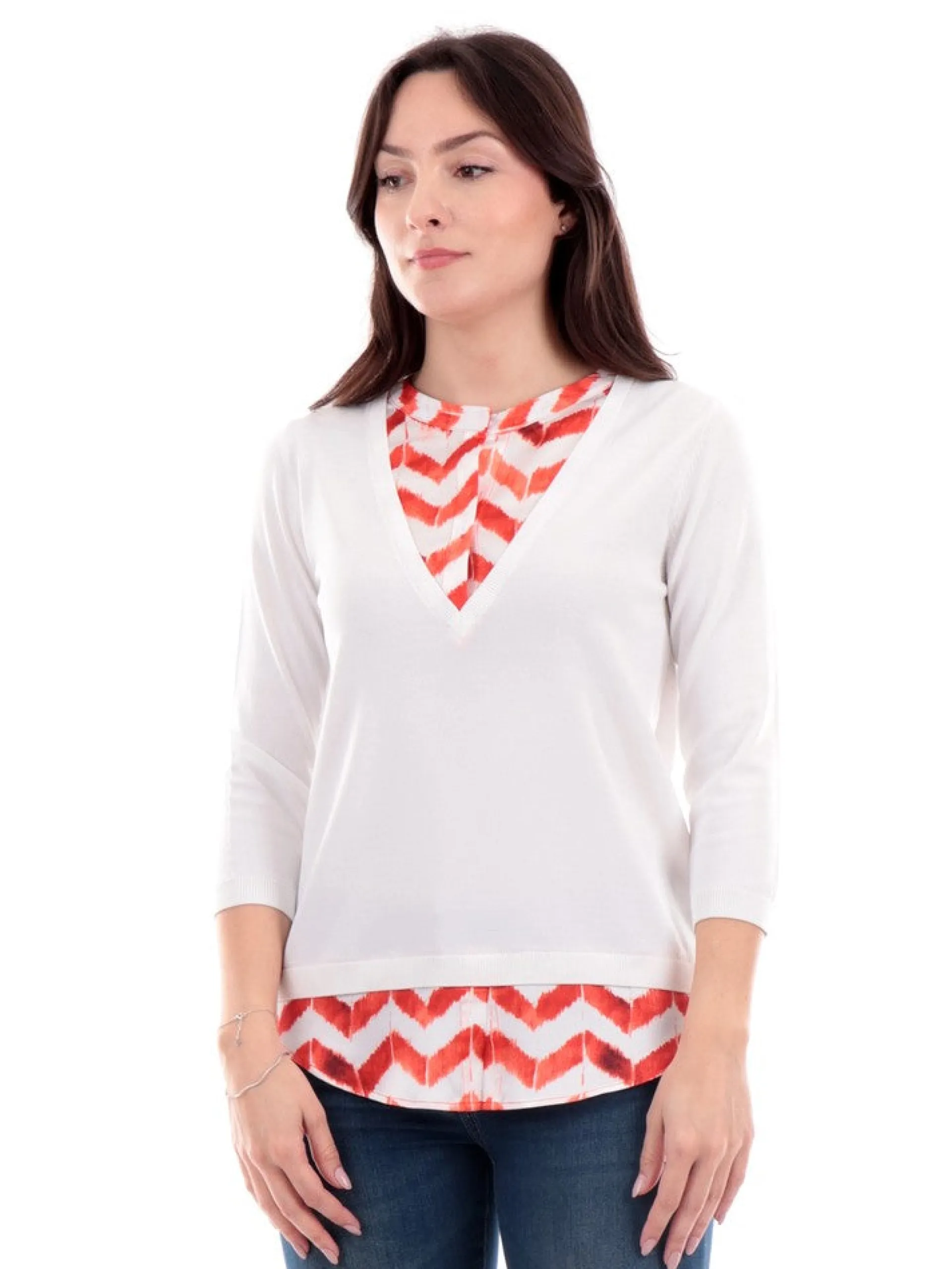 ANIS Maglie*Maglione bianco da donna M3/4 Inserto Serafino Stampato 2311350