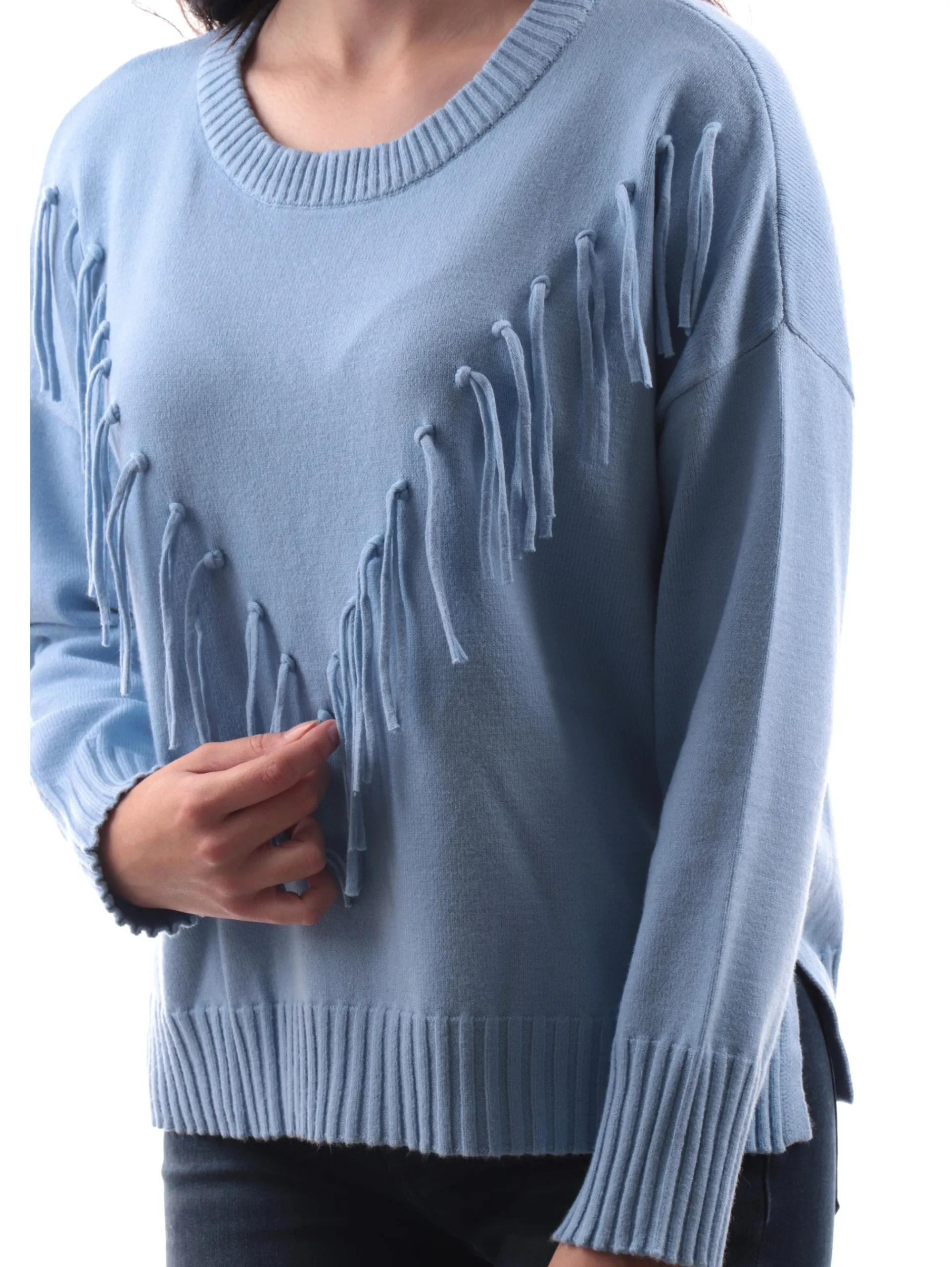 ANIS Maglie*Maglione con frange celeste da donna girocollo 245W6251