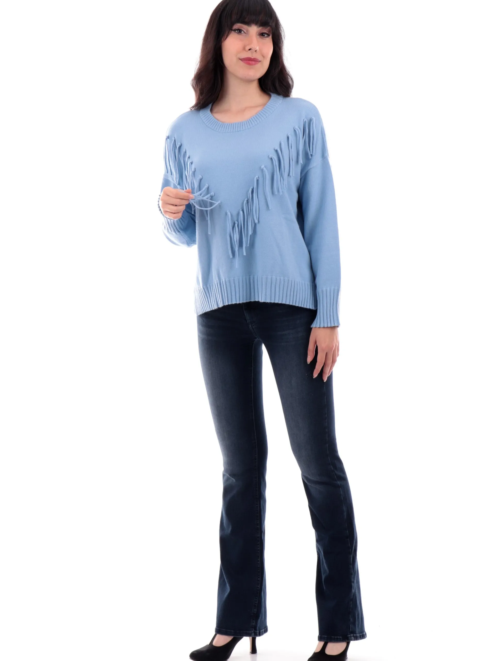 ANIS Maglie*Maglione con frange celeste da donna girocollo 245W6251