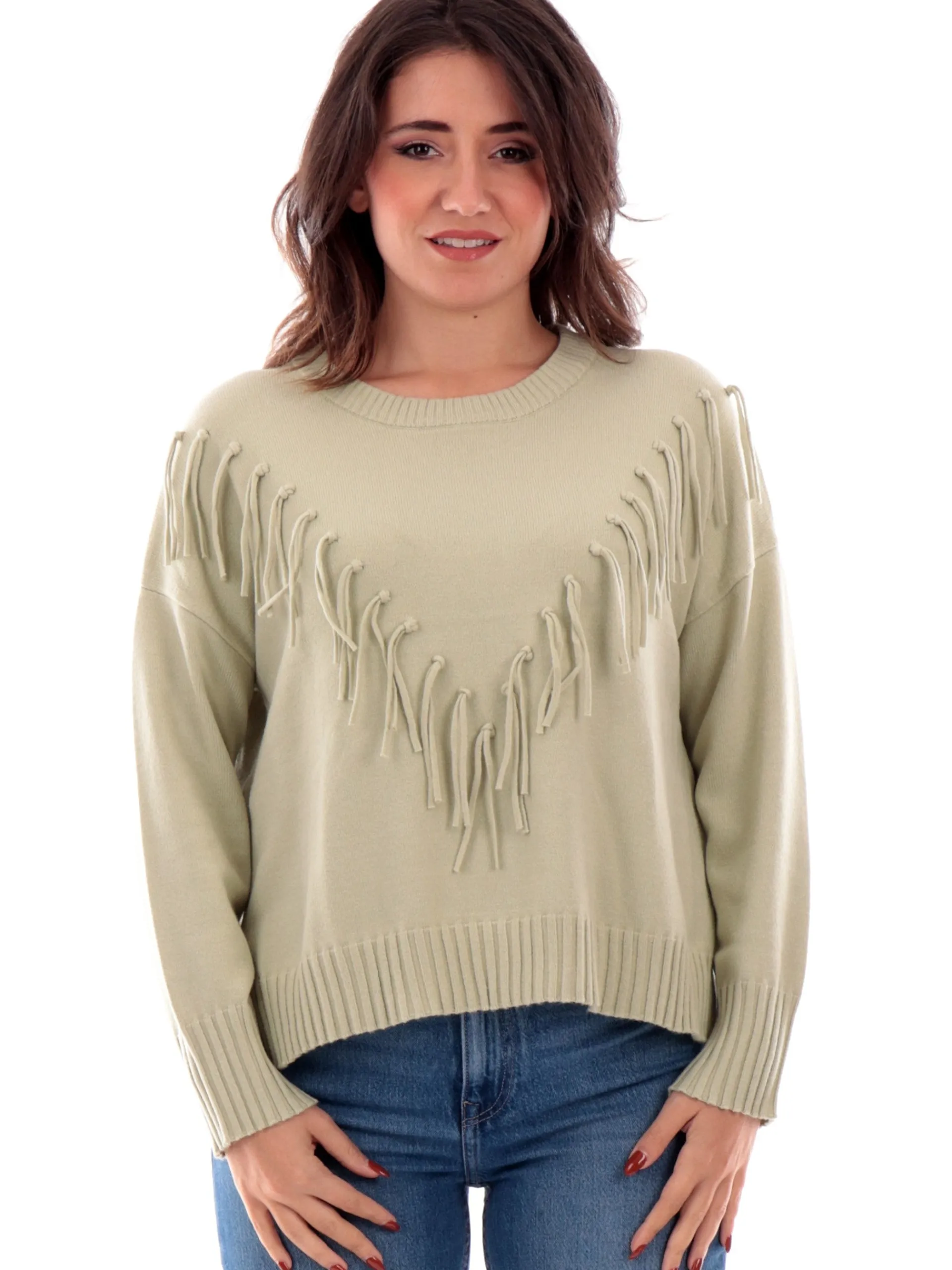 ANIS Maglie*Maglione con frange verde da donna girocollo 245W6251