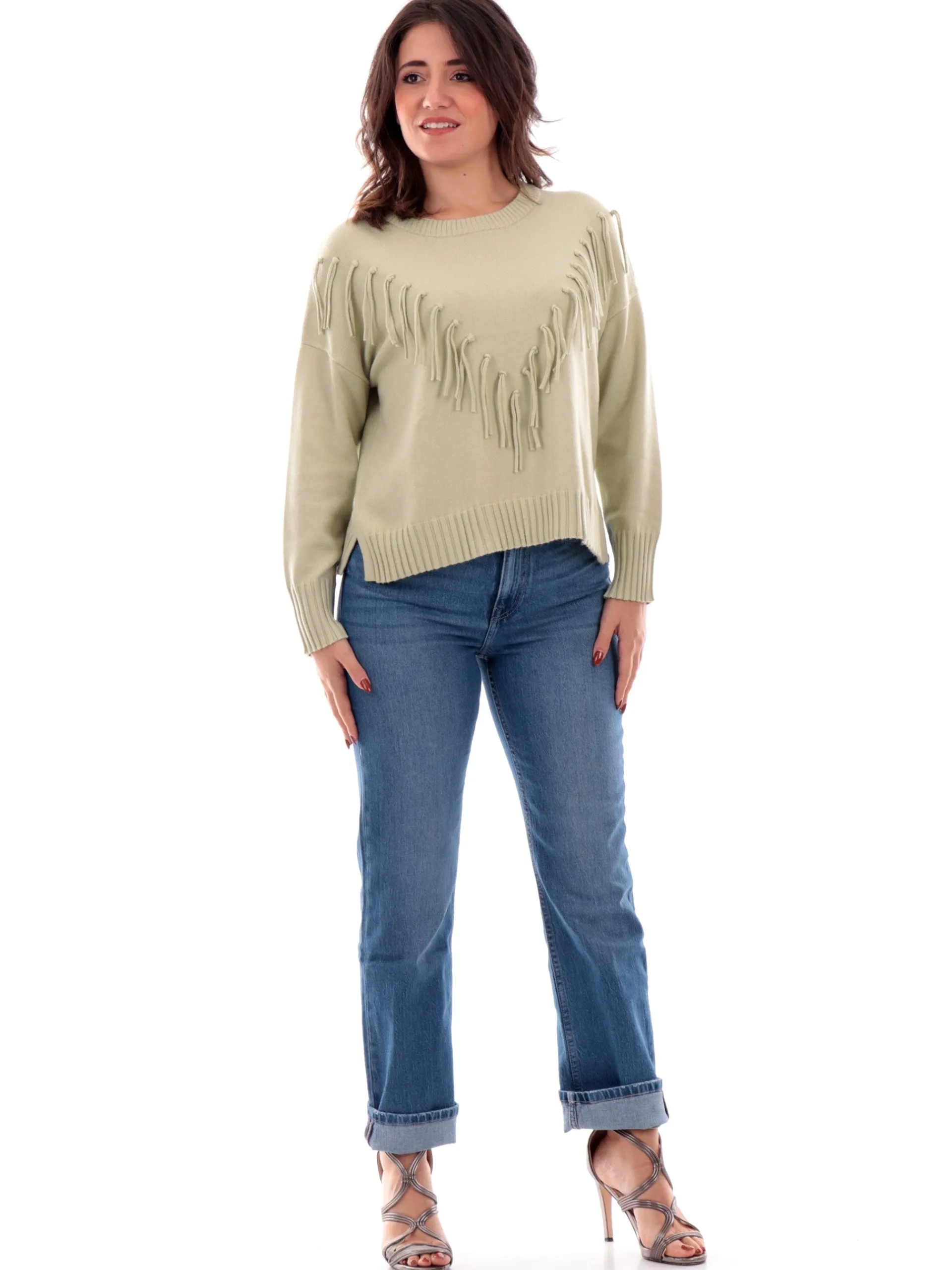 ANIS Maglie*Maglione con frange verde da donna girocollo 245W6251