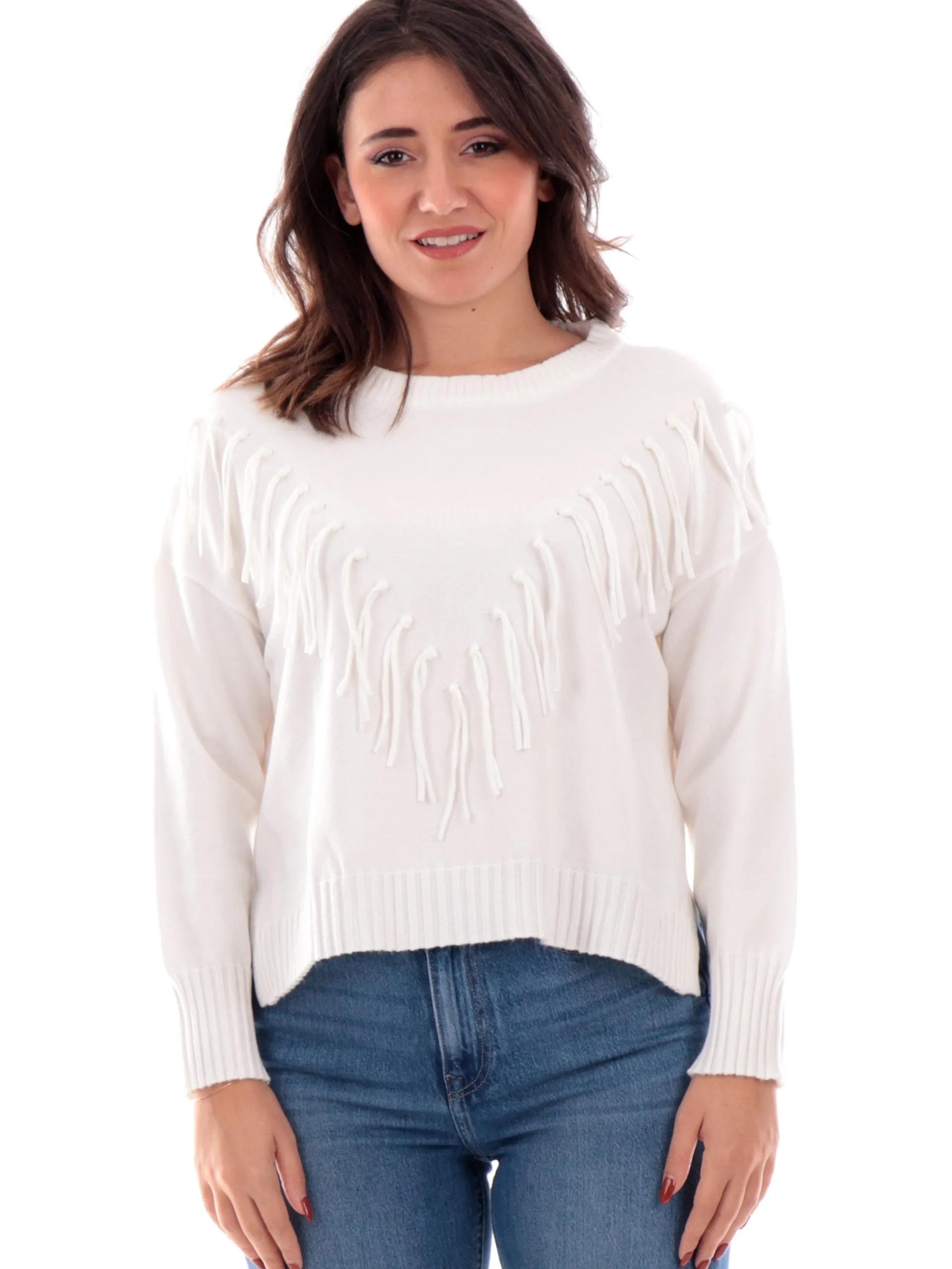 ANIS Maglie*Maglione con frange bianco da donna girocollo 245W6251