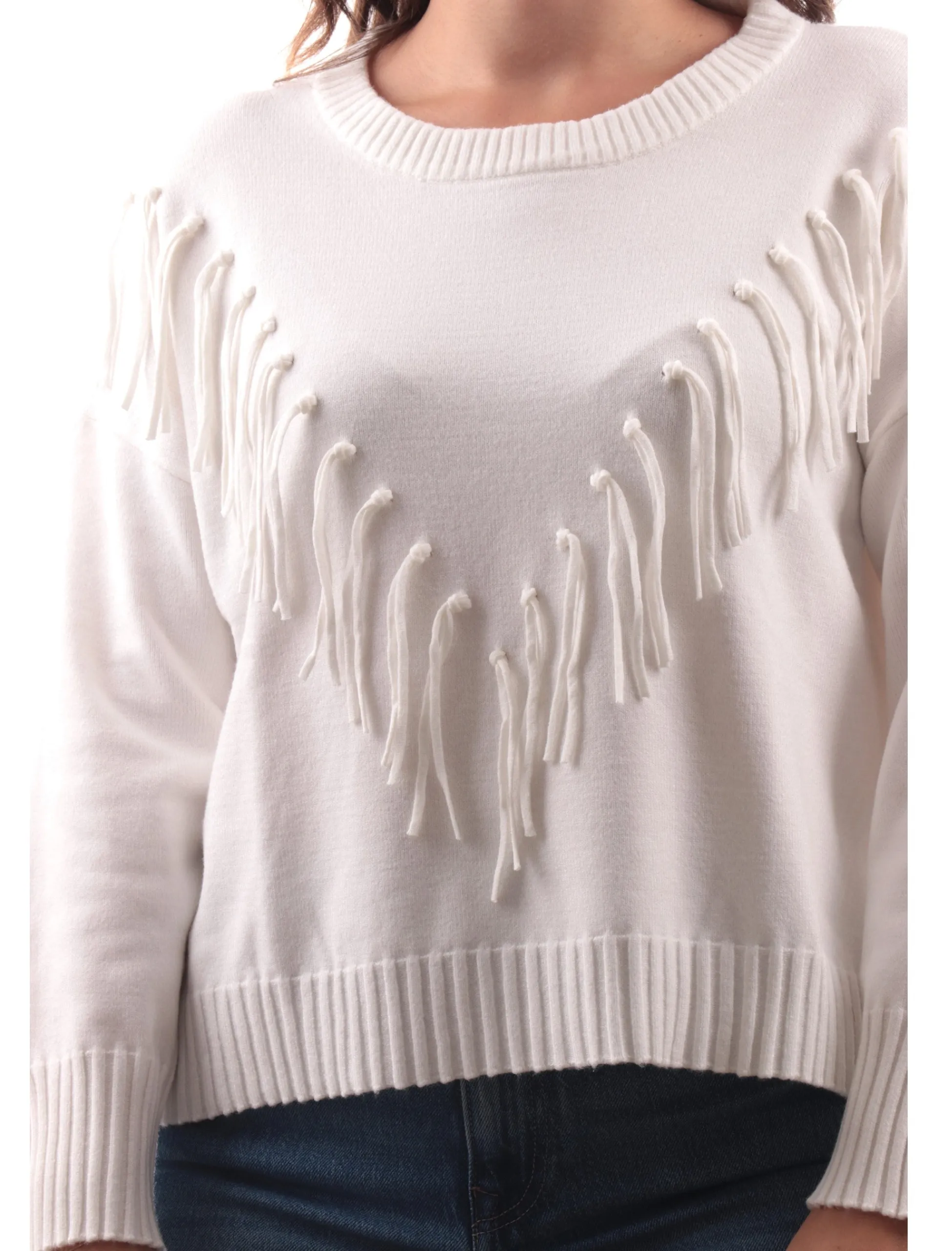 ANIS Maglie*Maglione con frange bianco da donna girocollo 245W6251