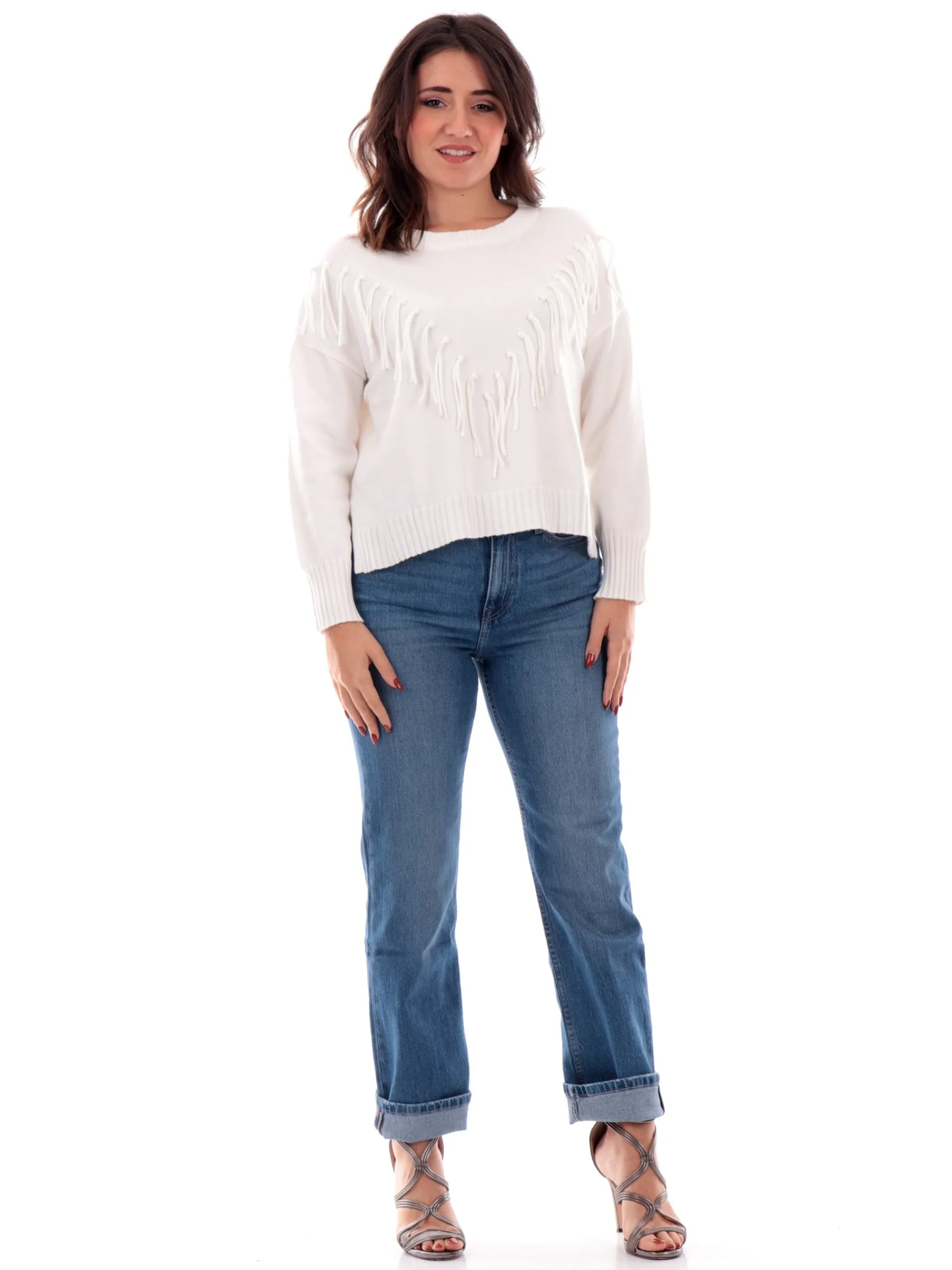 ANIS Maglie*Maglione con frange bianco da donna girocollo 245W6251